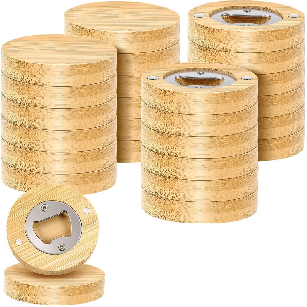 Pagjhrfjg 24 Counts Magnetic Bottle Opener 2.5In Diy Bamboo Round Shape Beer Openers Wooden Fridge Magnet Refrigerator Sticker