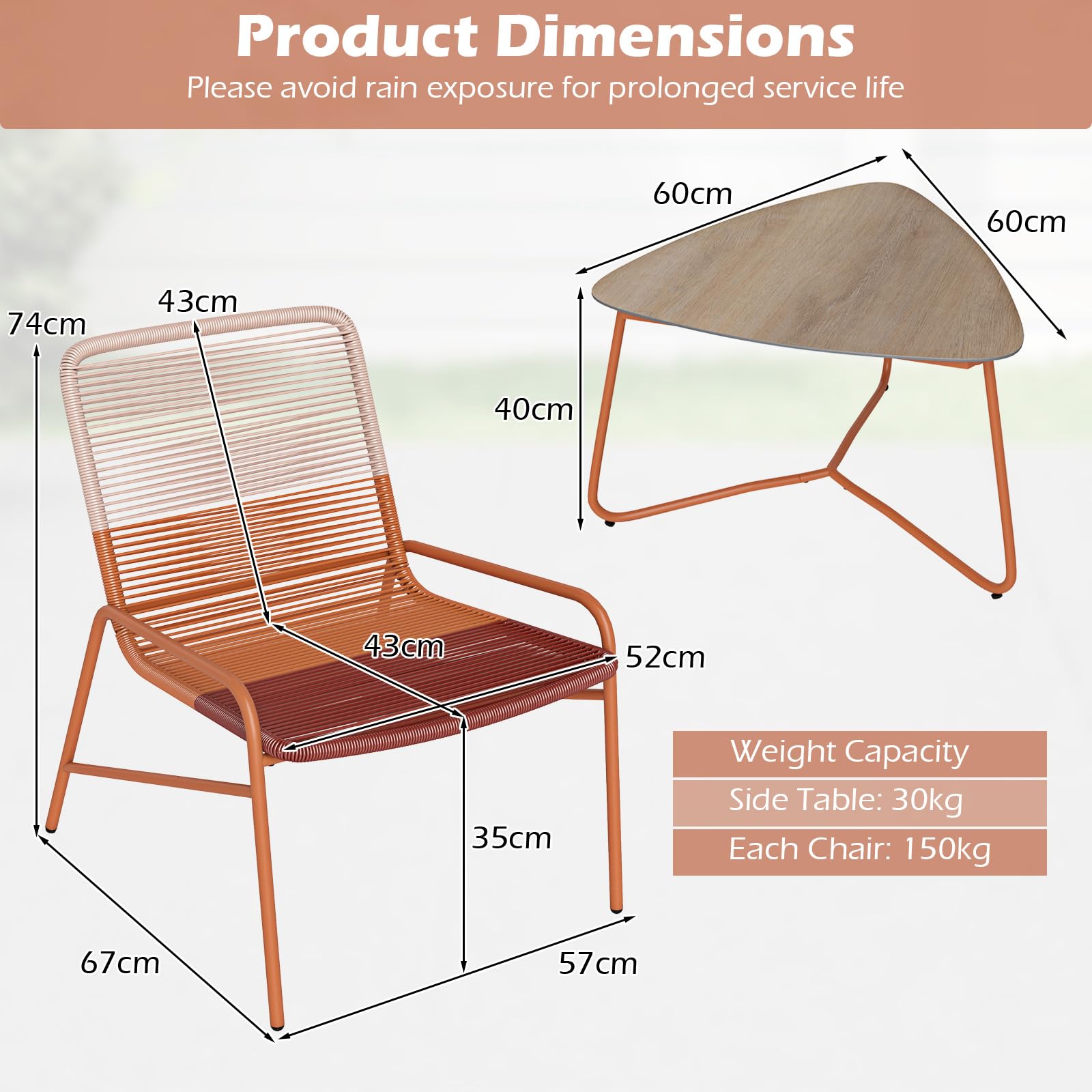 GIANTEX Set di mobili da giardino in rattan, per balcone, piccolo balcone, set di 2 sedie con tavolo, mobili da balcone per 2 persone, mobili da terrazza per esterni, set di mobili da giardino