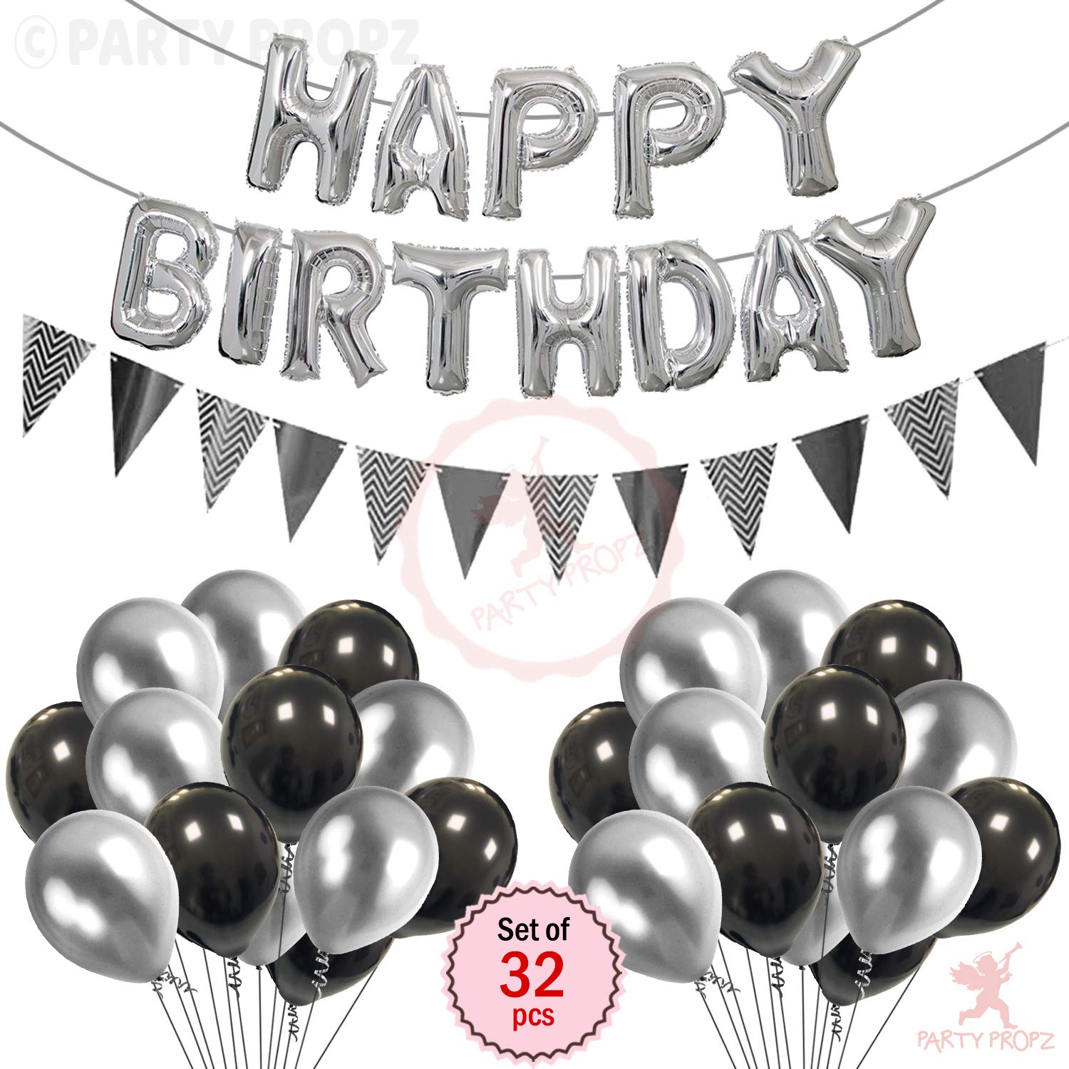 Buy Party Propz 32Pcs Black and Silver Birthday Decorations Combo ...