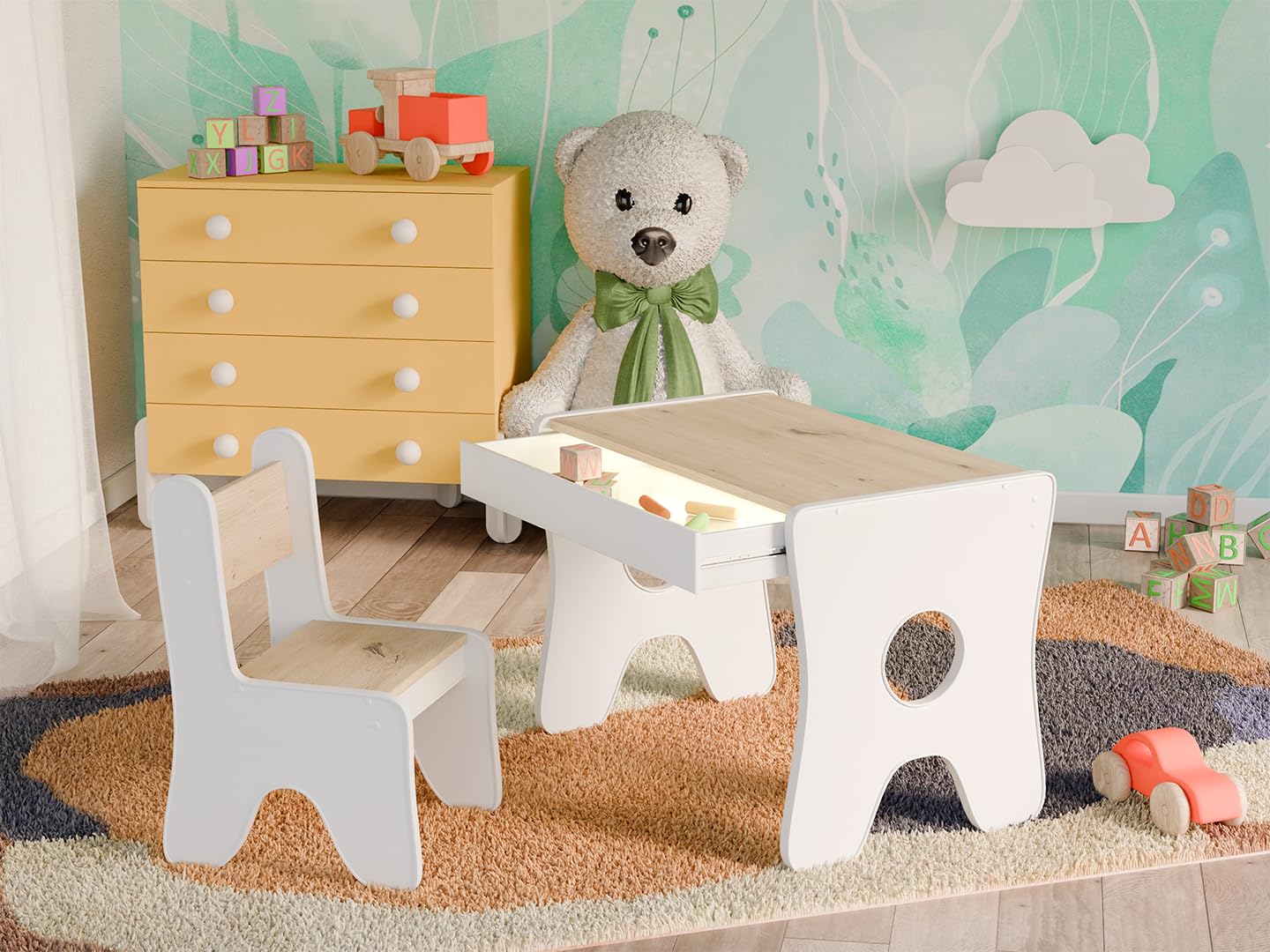 Happy Babies - Kinderschreibtisch-Stuhl-Set, ergonomischer Spieltisch mit geräumiger Schublade - Kinder-Lern- und Spieltisch - Kindermöbel, für den Kindergarten Teddybär (Handwerker)