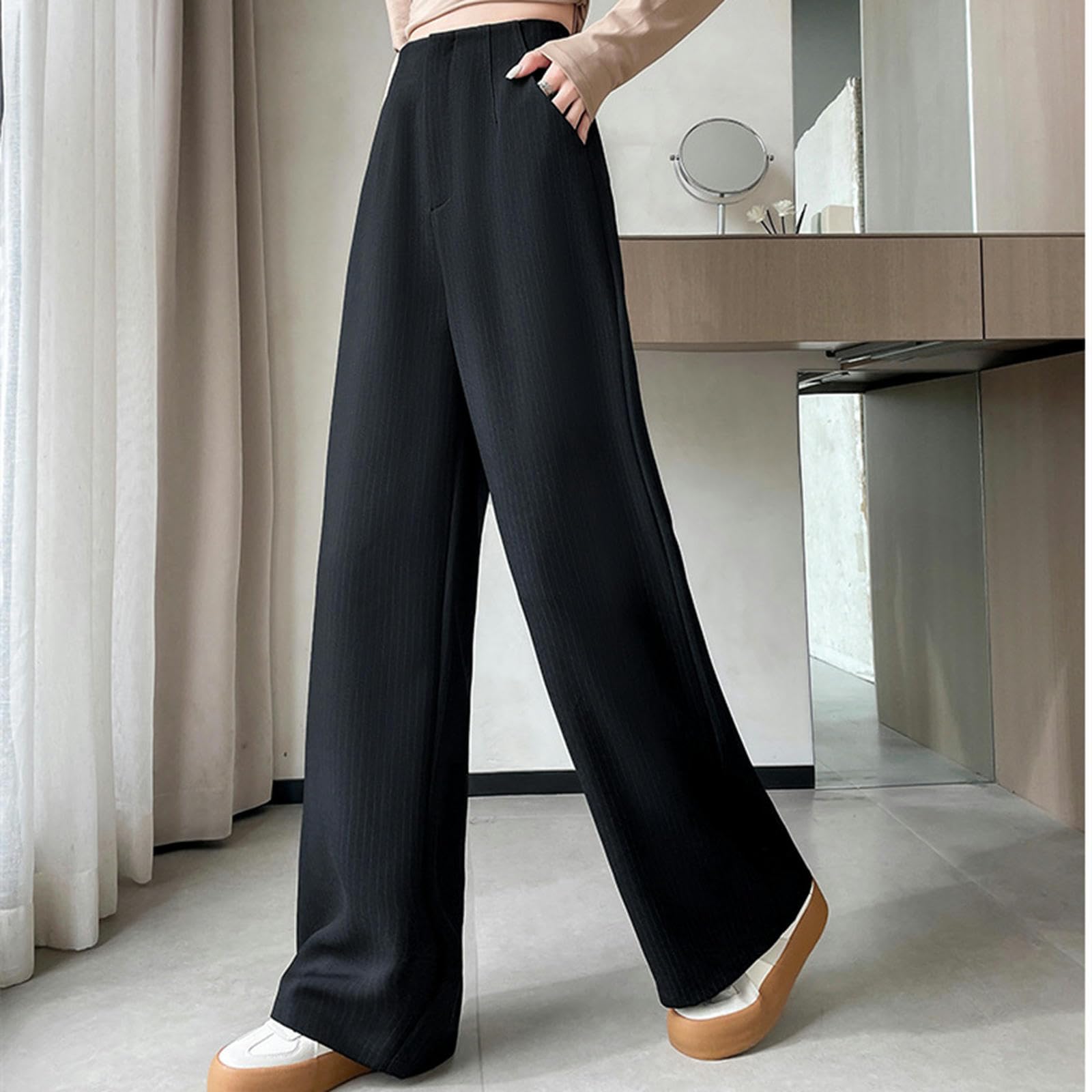 Pantalone Donna Abito A Strisce Ad Alta Vita Pantaloni Gamba Larga da Donna Sciolta Divalida Chiacchierata Casual Movping-grigio-2xl