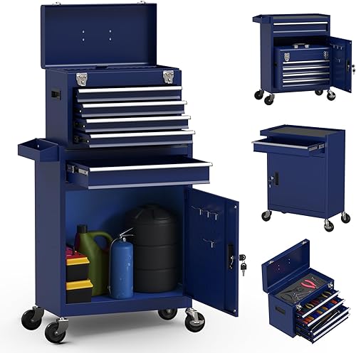 Cofre de herramientas de alta capacidad de 5 cajones con cajones, caja de herramientas extraíble con ruedas, caja de herramientas desmontable con