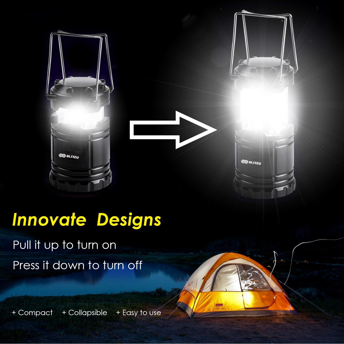 BLITZU Optimus G100 LED Camping Lantern showing collapsed (off) and expanded (on) states
