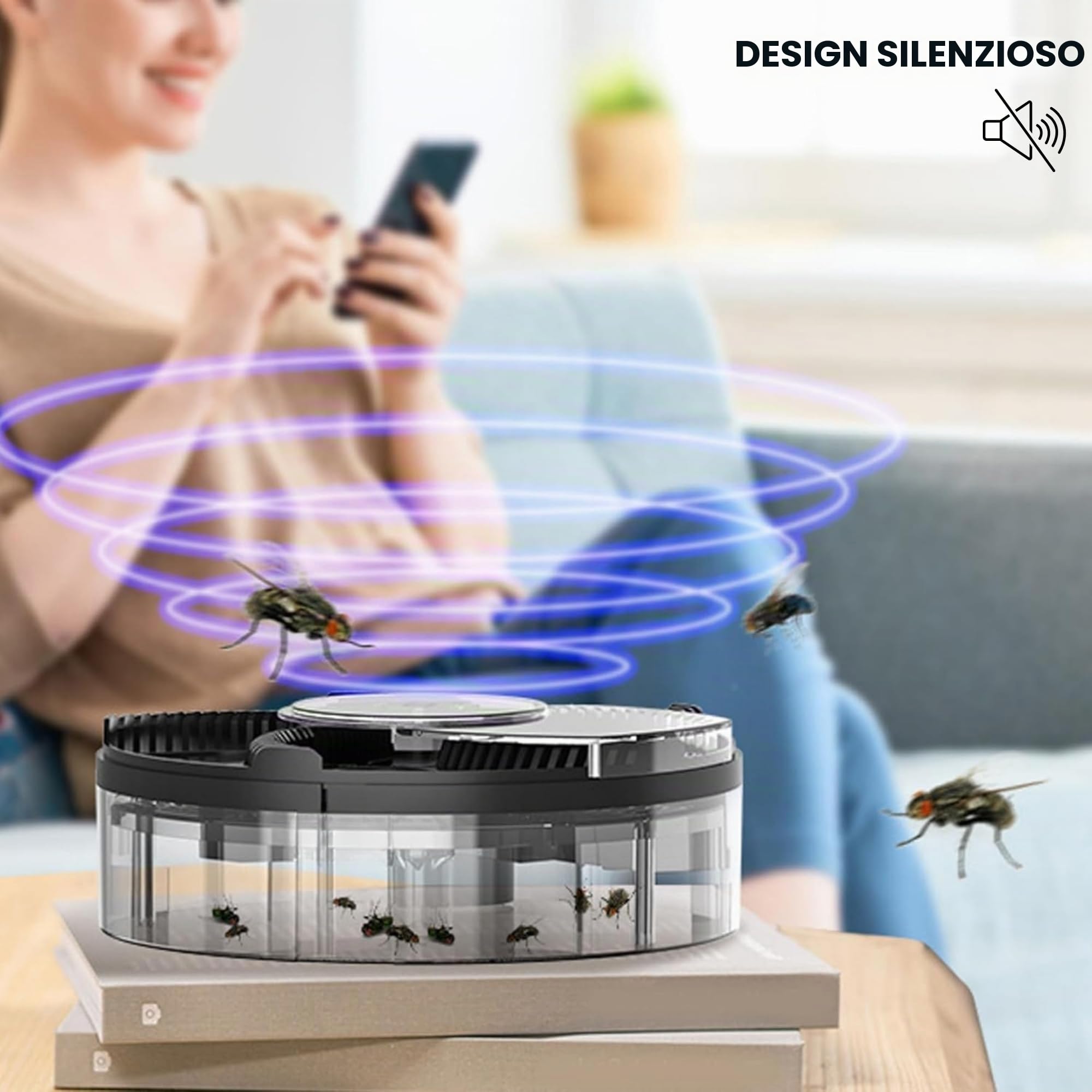 Acchiappamosche Elettrico. Trappola per Mosche Girevole a 360°, Antizanzare per Casa, Cucina, Ristorante, Hotel, Bar, Silenziosa, Batteria da 72 H (Ricaricabile con Cavo USB Inclusi)