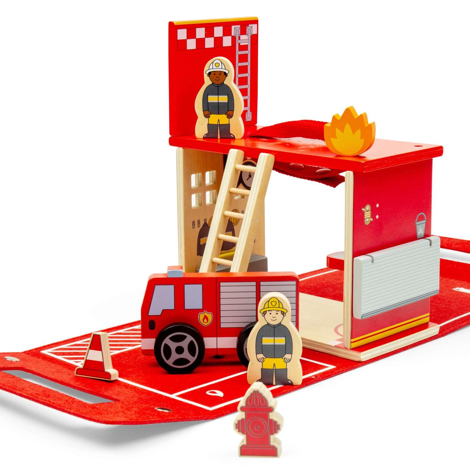 Bigjigs Toys Remiza strażacka w podróży, drewniany zestaw podróżny dla dzieci, filcowa torba do przenoszenia, zestaw do zabawy z drewnianym silnikiem, figurkami strażaków i akcesoriami, prezenty dla