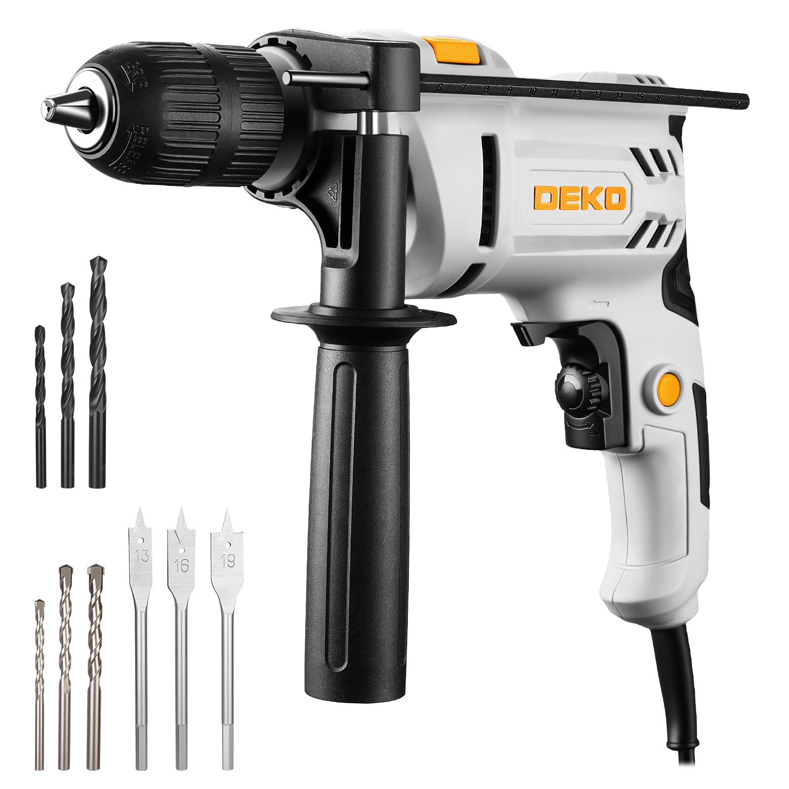 DEKOPRO 500W Electric Hammer Drill, 2 in 1 Hammer Drill, 13MM Chuck, Adjustable Speed 0-3000 RPM, Drill Set with Cable and 3 x Drill Bits for Concrete, Metal and Wood)