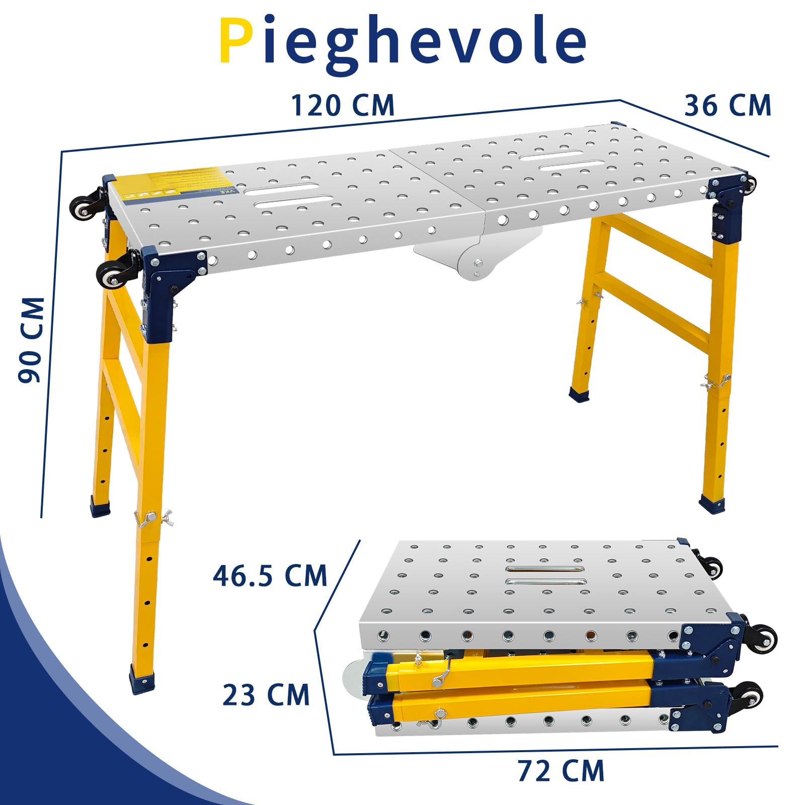 VKE Piattaforma da Lavoro 120 × 36 × 90 CM in Lamiera Zincata, 500 KG Portata, Trabattello Portatile, Piedini Antiscivolo, Tavolo da Lavoro Pieghevole,con 4 Ruote Universali