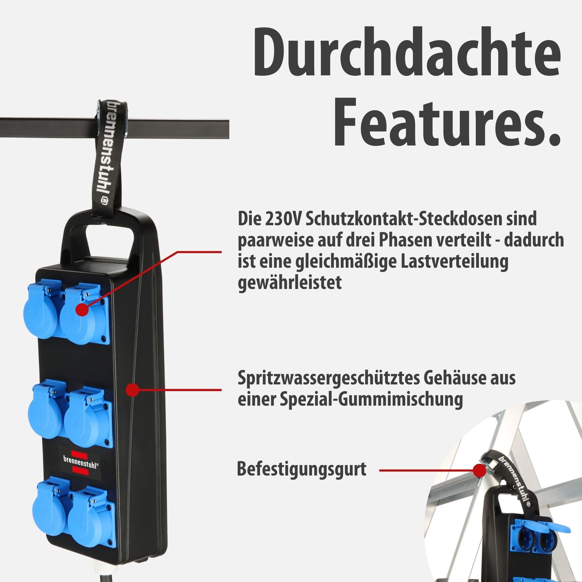 Brennenstuhl Portabler Stromverteiler BSV P (2m Kabel, 6X 230V/16A Steckdosen, CEE 400V/16A Stecker, Baustelleneinsatz und ständigen Einsatz im Freien IP44, Made in Germany)