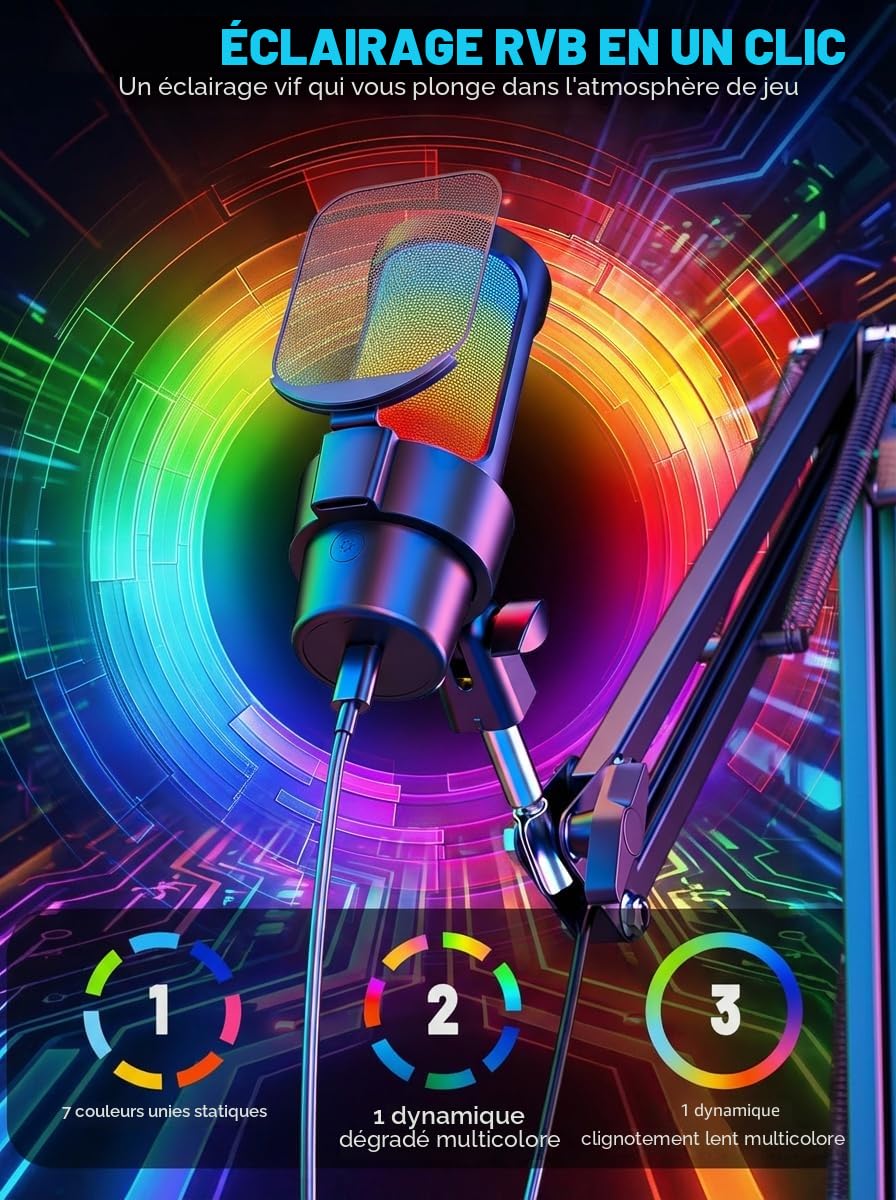Anykuu Microphone Condensateur PC 1 avec Bras Articulé, RVB pour Streaming, Condensateur Cardioïde 192 kHz/24 Bits avec Bouton Silencieux, Plug & Play pour PC, Mac, PS4/PS5, Gaming, Podcast