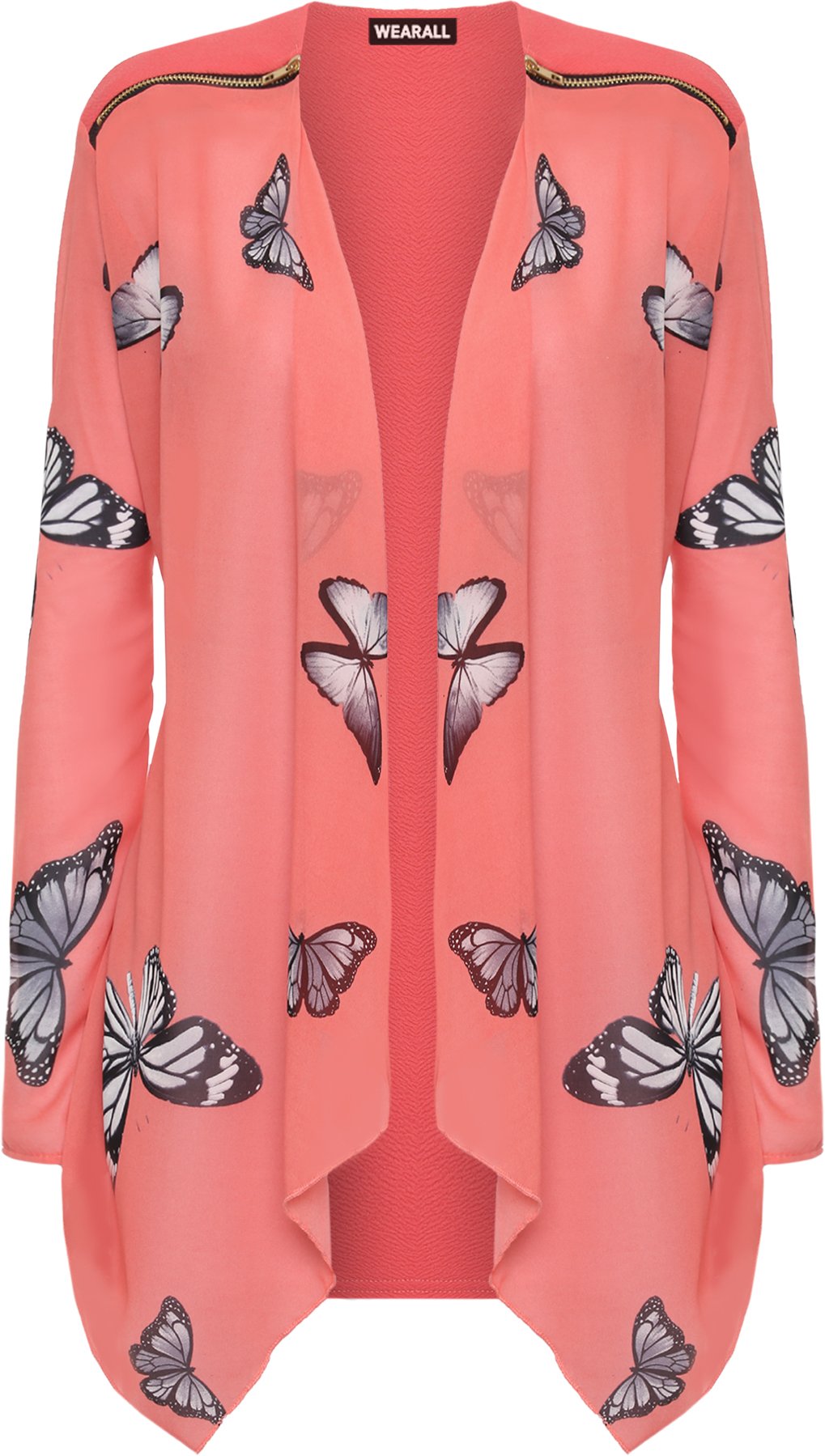WearAll Women's Plus Long Sleeve Chiffon Butterfly Print Sheer Cardigan Top - Coral - 18