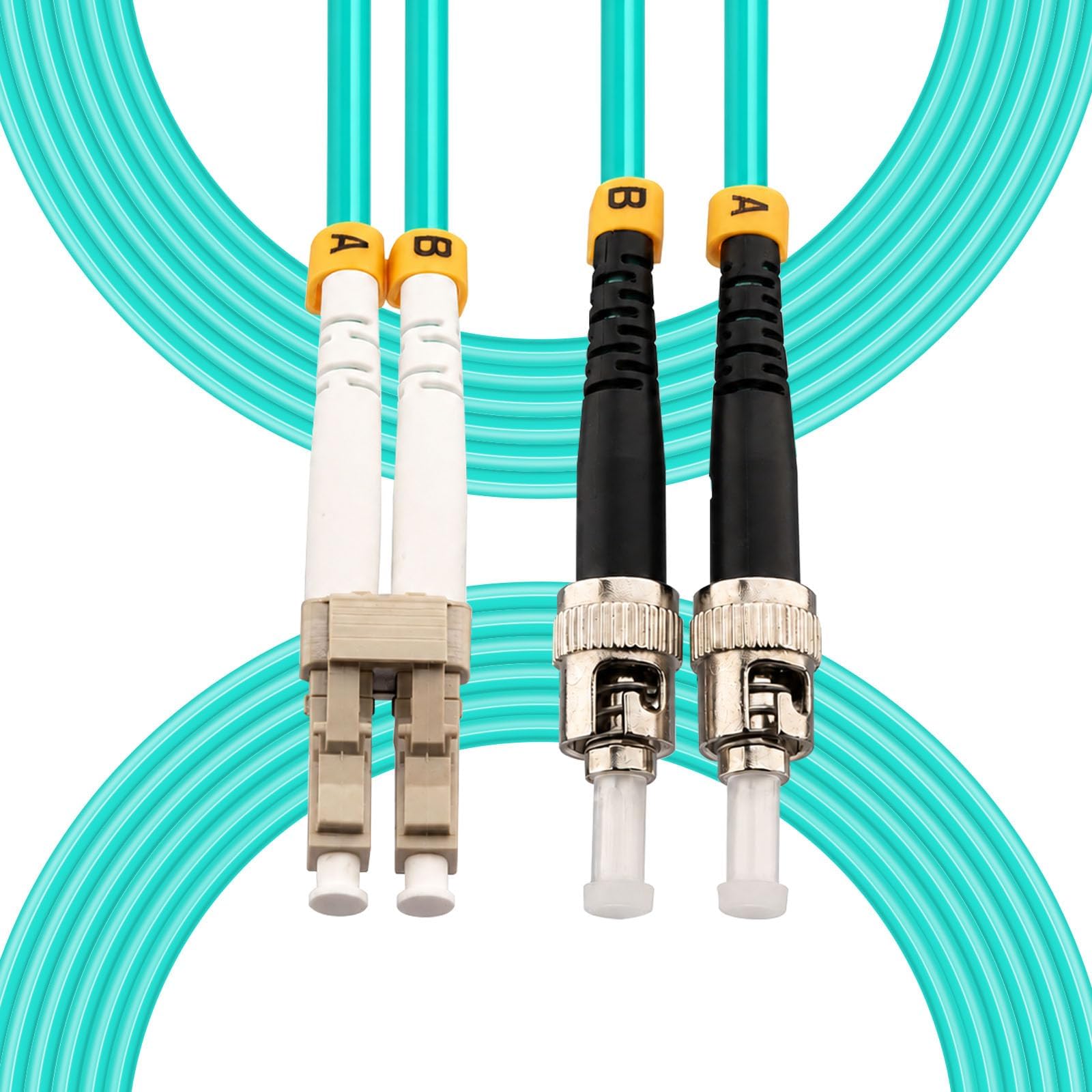 LC to ST OM3 Fiber Patch Cable, Multimode Duplex Fiber Optic Cable | 50/125um/3.00mm, LSZH, Turquoise, 5M/16ft