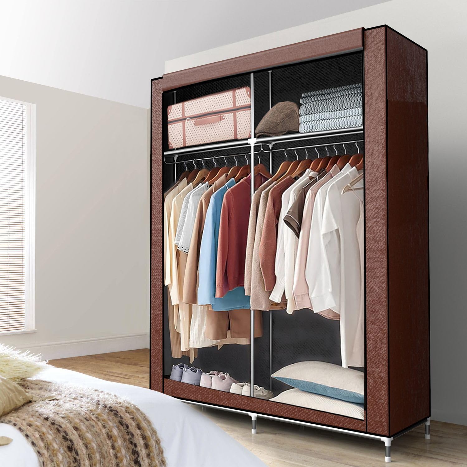 INTIRILIFE Faltschrank 108x45x170 cm in BRAUN - Stoffkleiderschrank mit Reißverschluss und Kleiderstange, Seitentasche und Fächern - Steckregal, Metallrahmen, Aufbewahrung