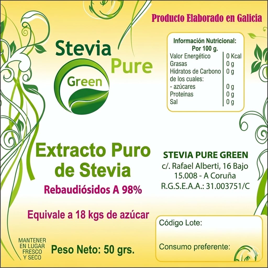 Stevia Gallega Pure green en Polvo (50g) – Extracto Puro al 98% Reb-A, Alta Concentración (1 Tarro = 18kg Azúcar) – Edulcorante Natural para Repostería, Postres y Cocina Saludable