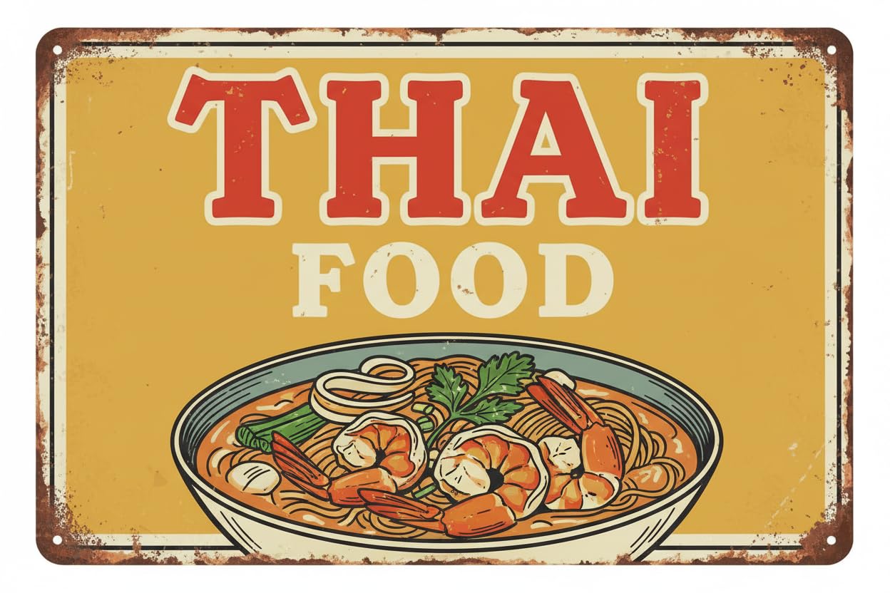 Wall Decor Thai Food | Full Color Sidewalk Display Sign Board With Metal Ground Stakes | 8x12Inch Vintage Signs Aluminum Plates Printed