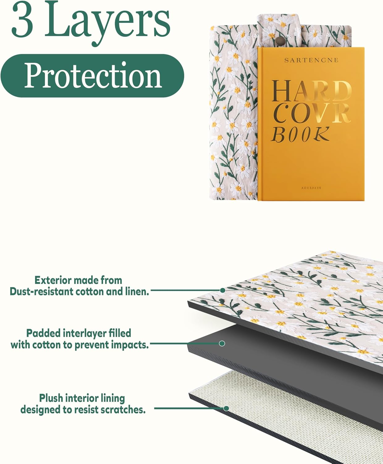 Embroidered Fabric Sleeve for iPad Pro 11, iPad Air 10.9, Surface Pro 12, Galaxy Tab S10, Hardcover Books - Padded Cover for Large Tablets & E-Readers - Multiple Colors (White & Beige - Snap)