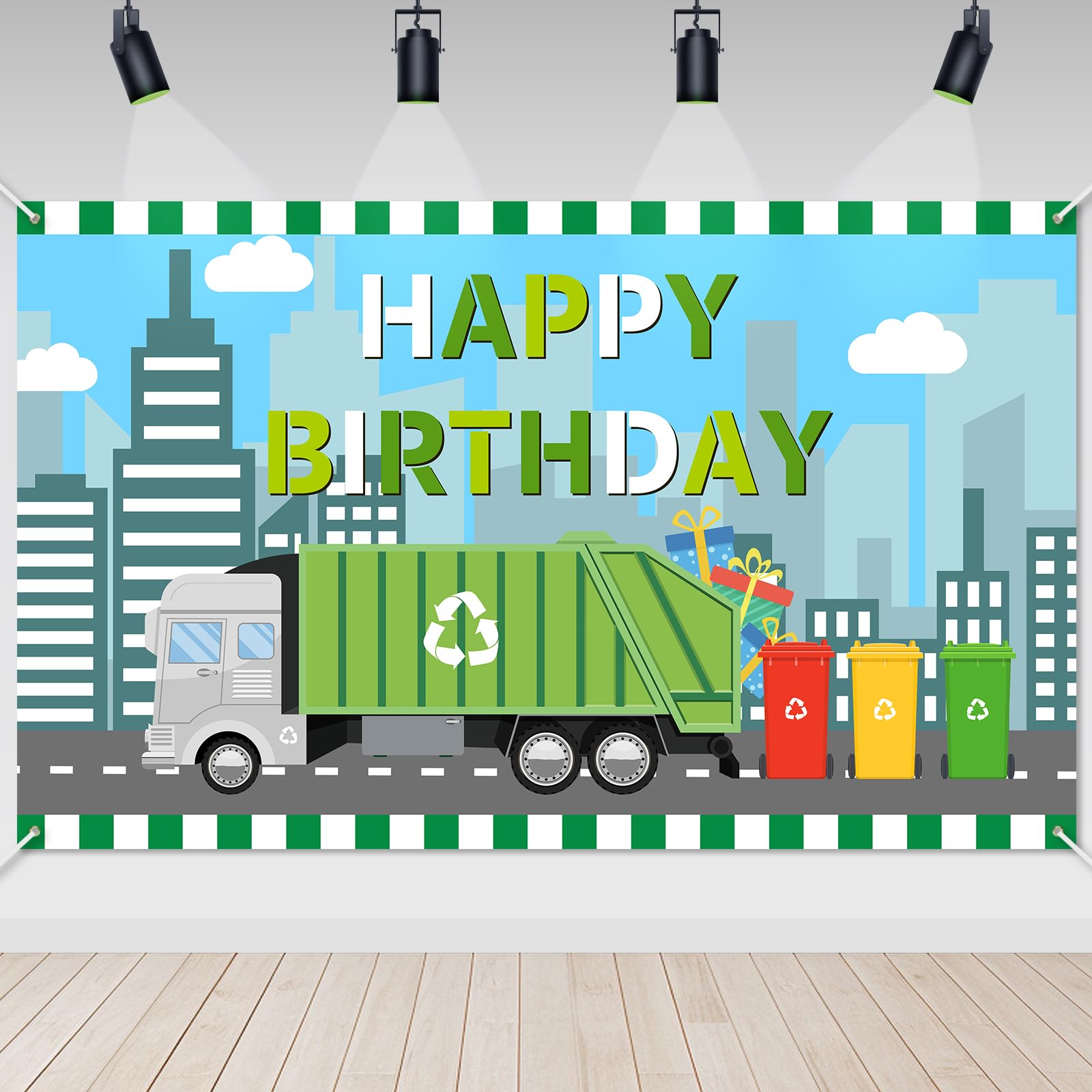 Avezano Garbage Truck Birthday Backdrop for Kids Trash Truck Birthday Party Supplies Green Environmental Theme Happy Bday Decorations Banner 70.8 x