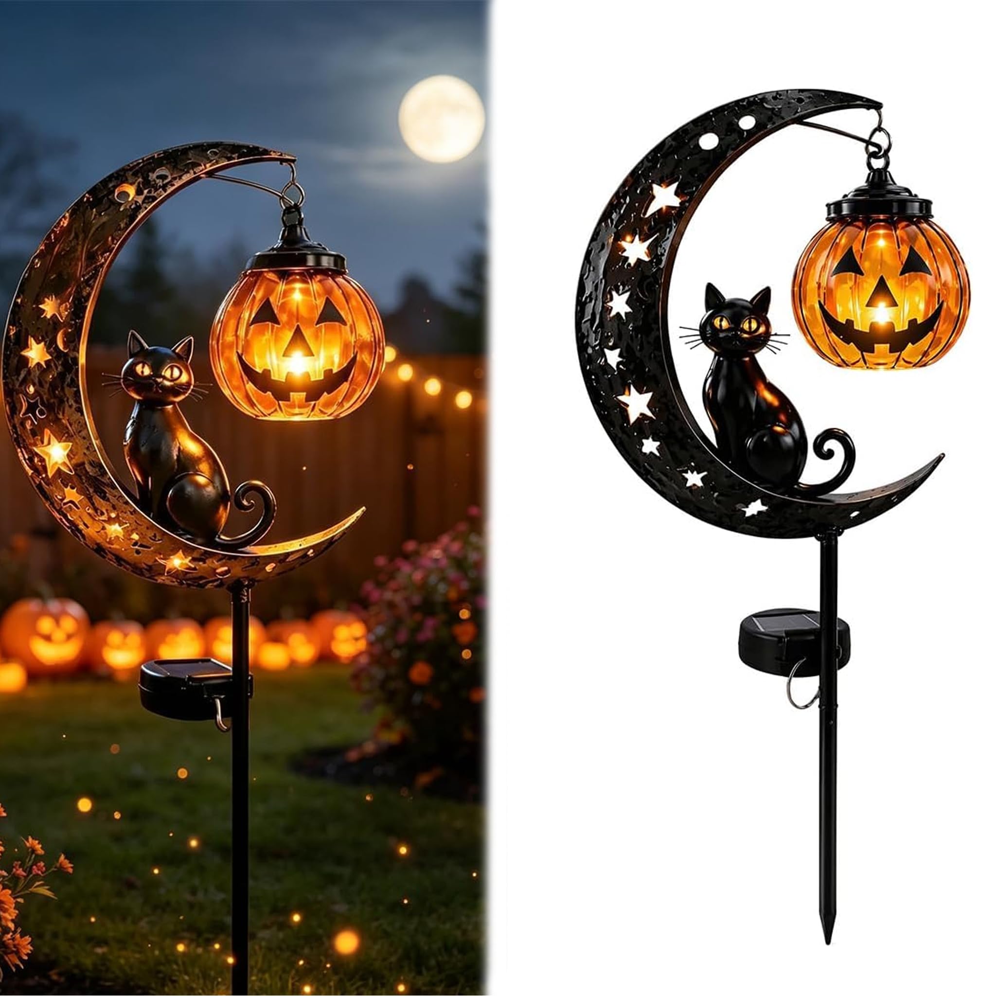 Solar Black Cat Pumpkin Metal Stake Light with Crackle Glass LED (B)