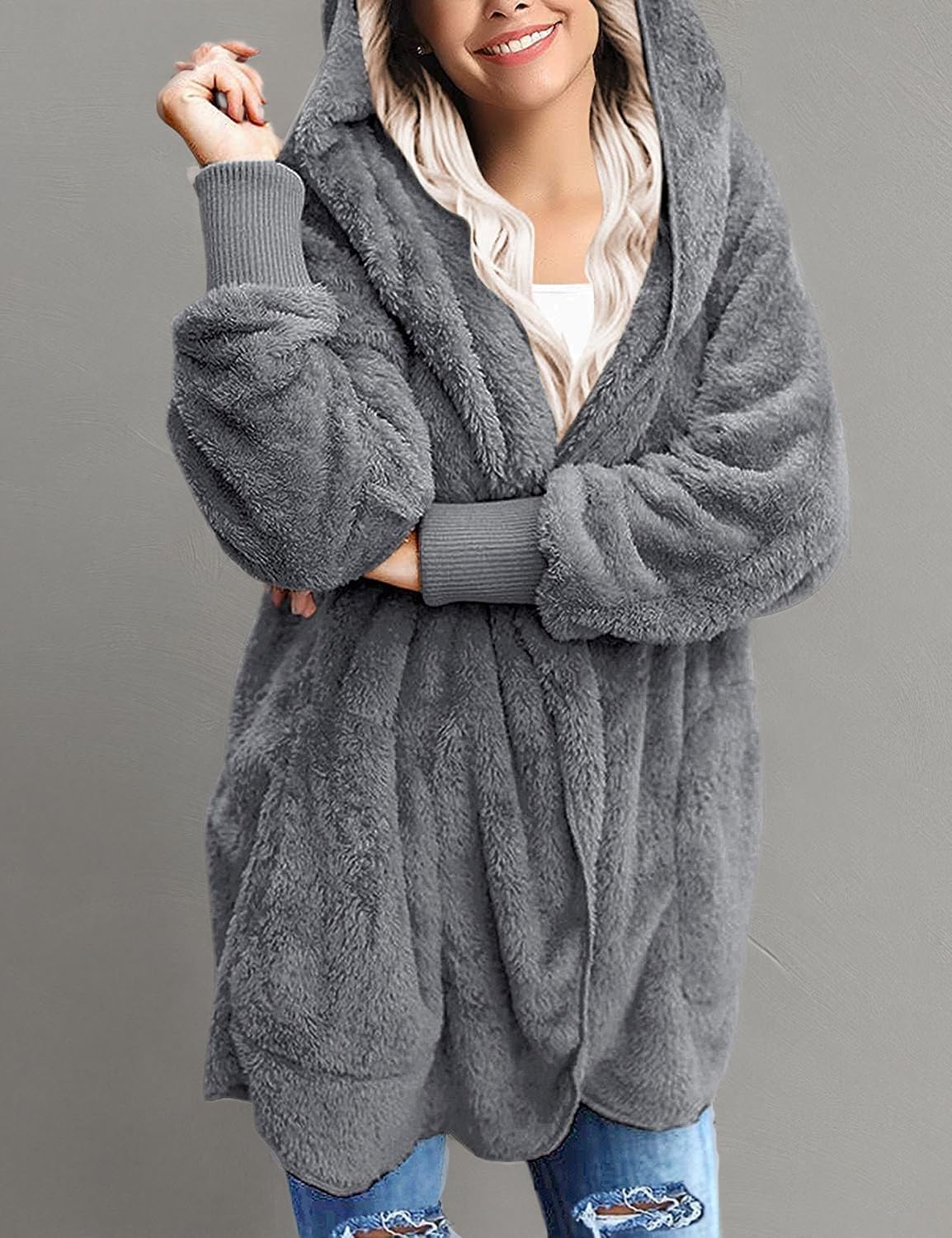 Yanekop Womens Oversized Sherpa Jacket Long Cardigan Sweaters Fuzzy Fleece Jacket Faux Fur Plus Size Coats with Pockets - Image 5