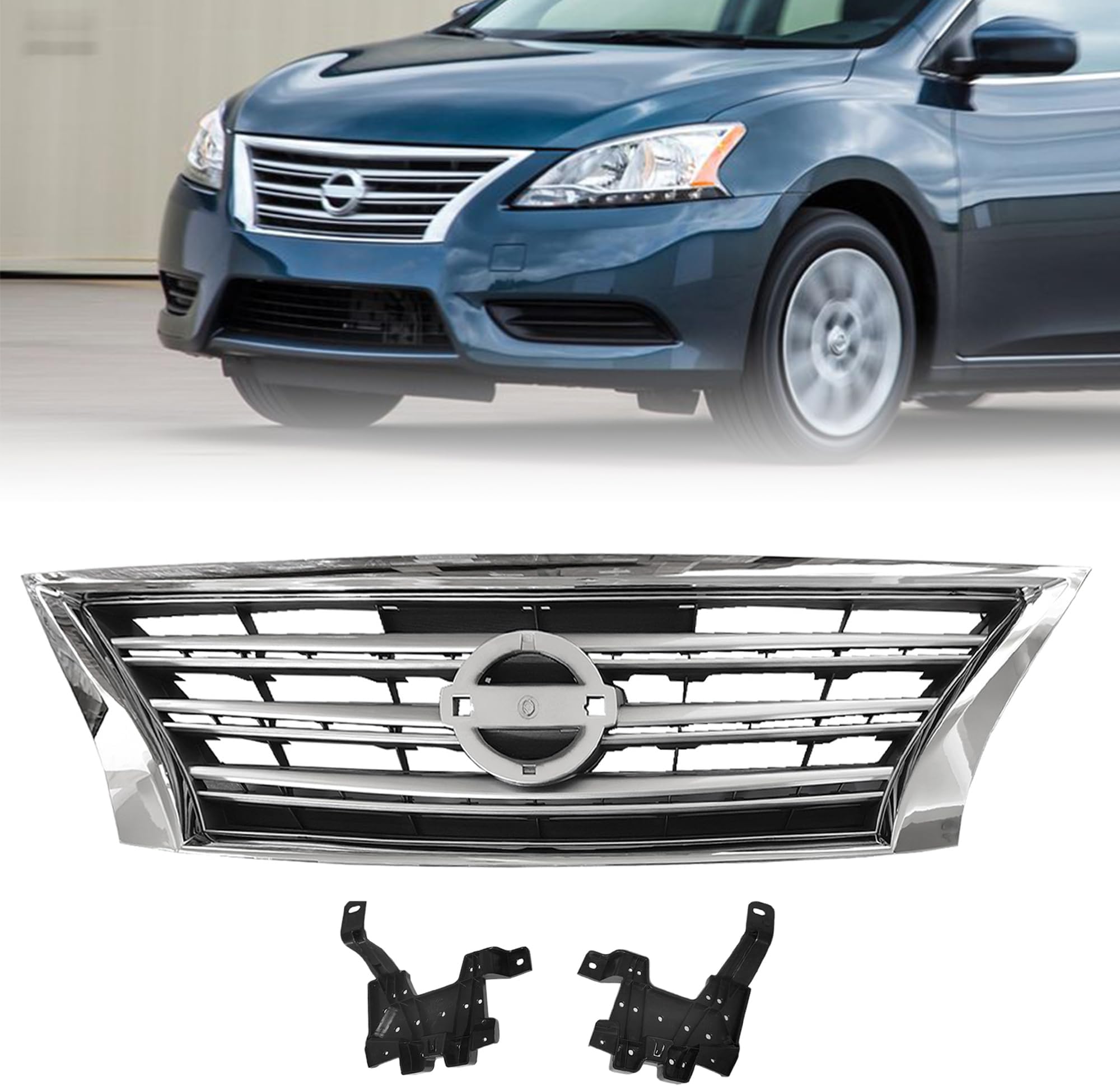 Front Shell Silver Insert & Chrome Grill For 2013 2014 2015 Nissan Sentra NI1200252 Bumper Grille Assembly,623103SH0A