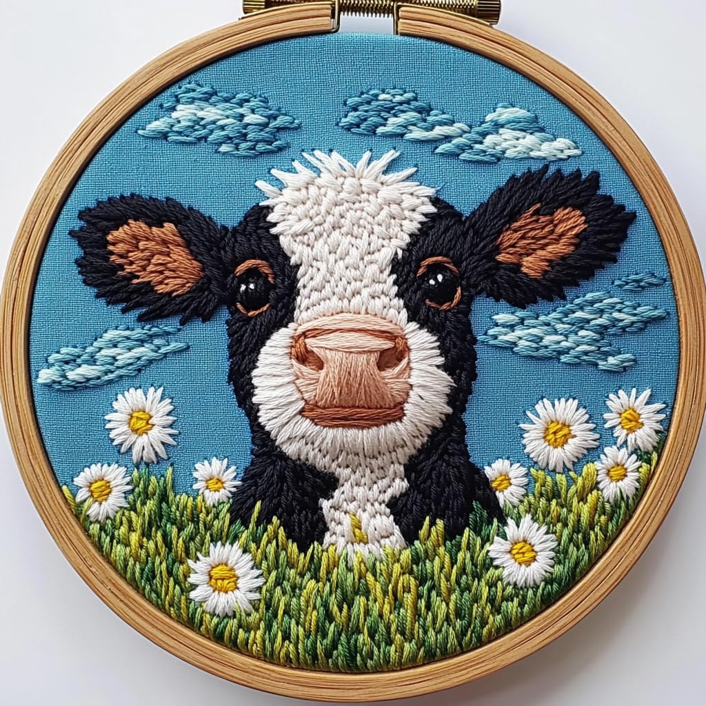 Punch Needle Kit for Beginners - DIY Embroidery Set with Cow and Daisy Bushes Designs, Punch Stitching Kit for Adults, Needle Punch Kits for Adults, Ideal for Art Crafts and Festival Decoration Gift — image 1