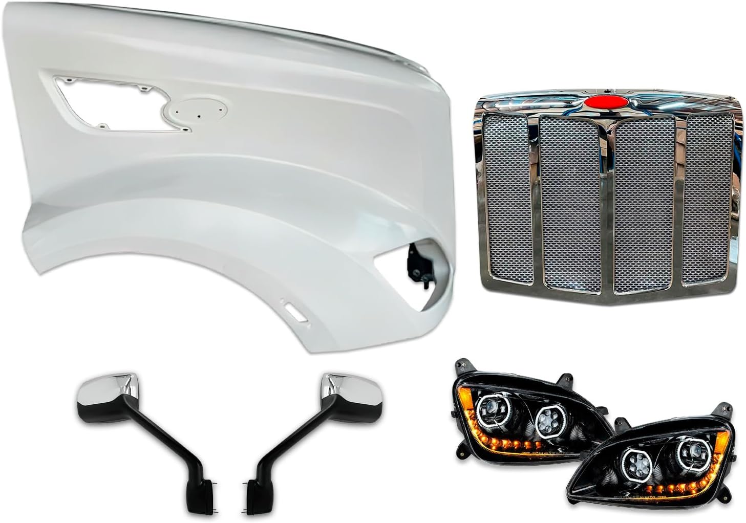 KOZAK Fiberglass Long Hood Modified Style w/Front Grille, LED Black Headlights & Chrome Mirrors Set Compatible with Peterbilt 579 2014-2022 Includes Logo, 2X 22 Windshield Wipers and Vest