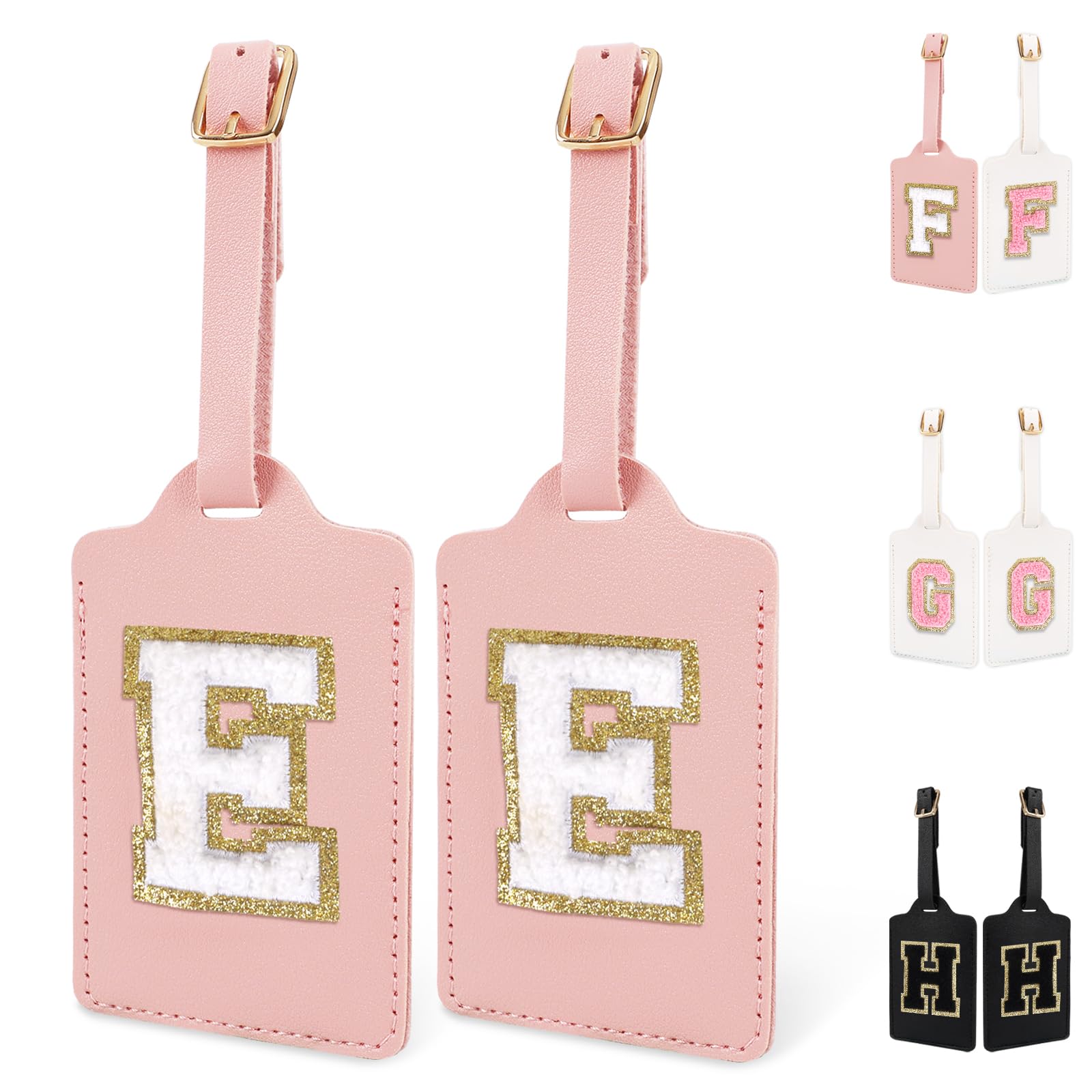 2 Pack Personalized Initial A-Z Luggage Tag for Suitcases, PU Leather Luggage Tags with Privacy Cover Name Card, Pink Cute Monogrammed Funny Luggage Baggage TSA Approved Tags for Women Kids(Letter E)