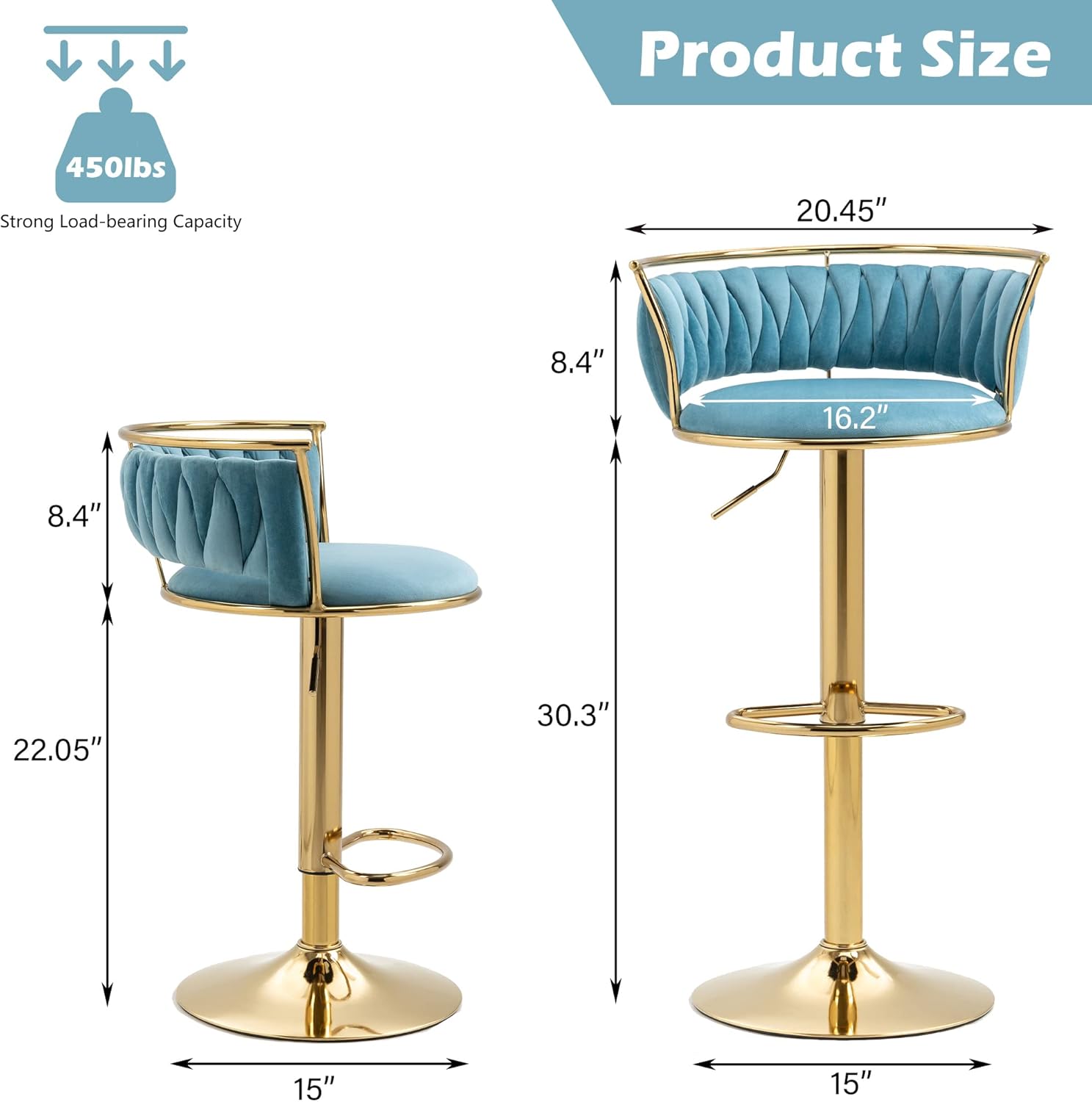 Lumibee 360° Velvet Swivel Bar Stools,2 Set Modern Adjustable Counter Height Bar Chairs,Blue Barstools with Low Back & Footrest for Kitchen Island, Bar Pub