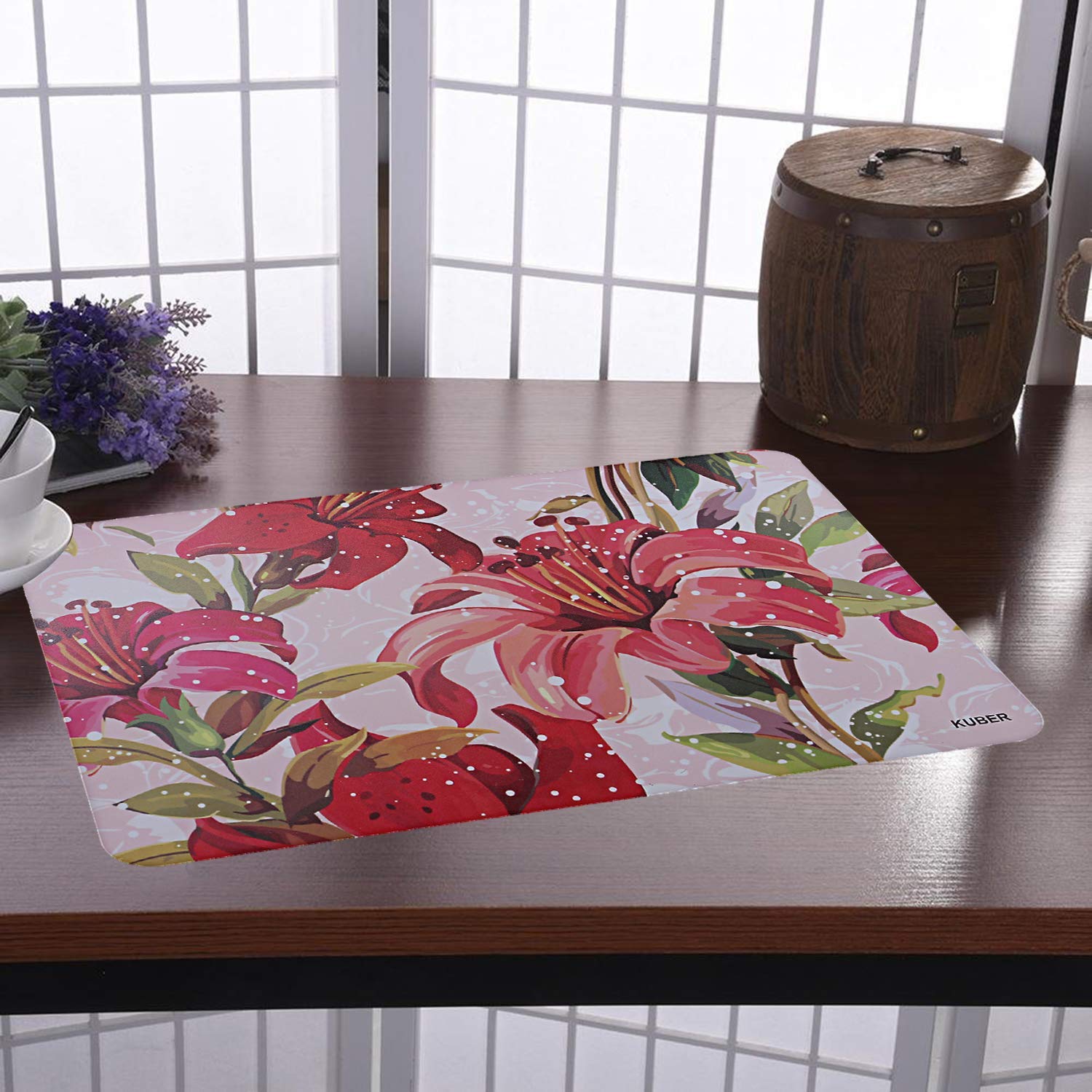 Kuber Industries Flower Design PVC 6 Pieces Dining Table Placemat Set (Pink), CTKTC13698
