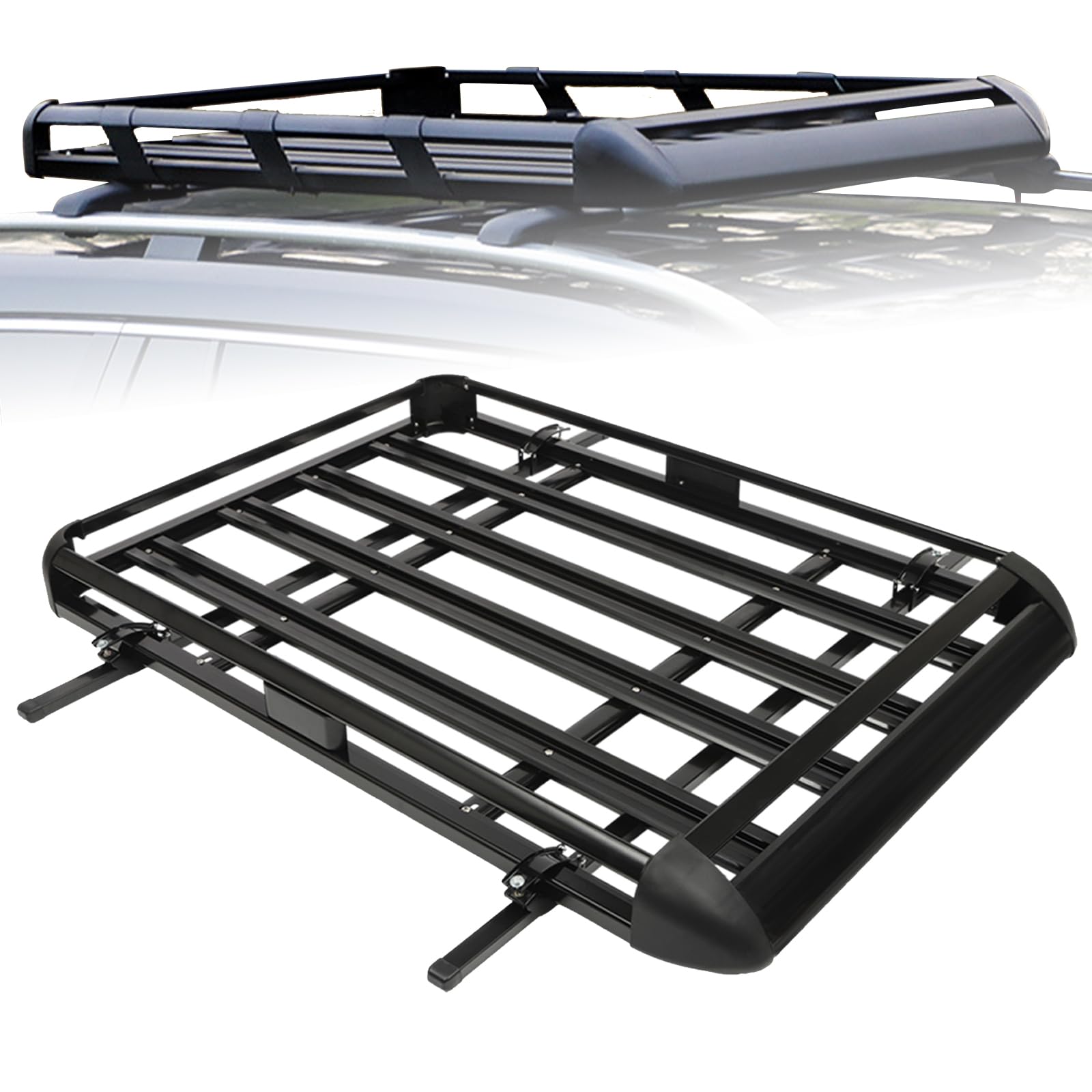 Universa - Cestello portabagagli da tetto per auto, portabagagli da tetto in alluminio, fino a 150 kg di capacità di carico, cestello portabagagli supporto, larghezza regolabile, colore nero