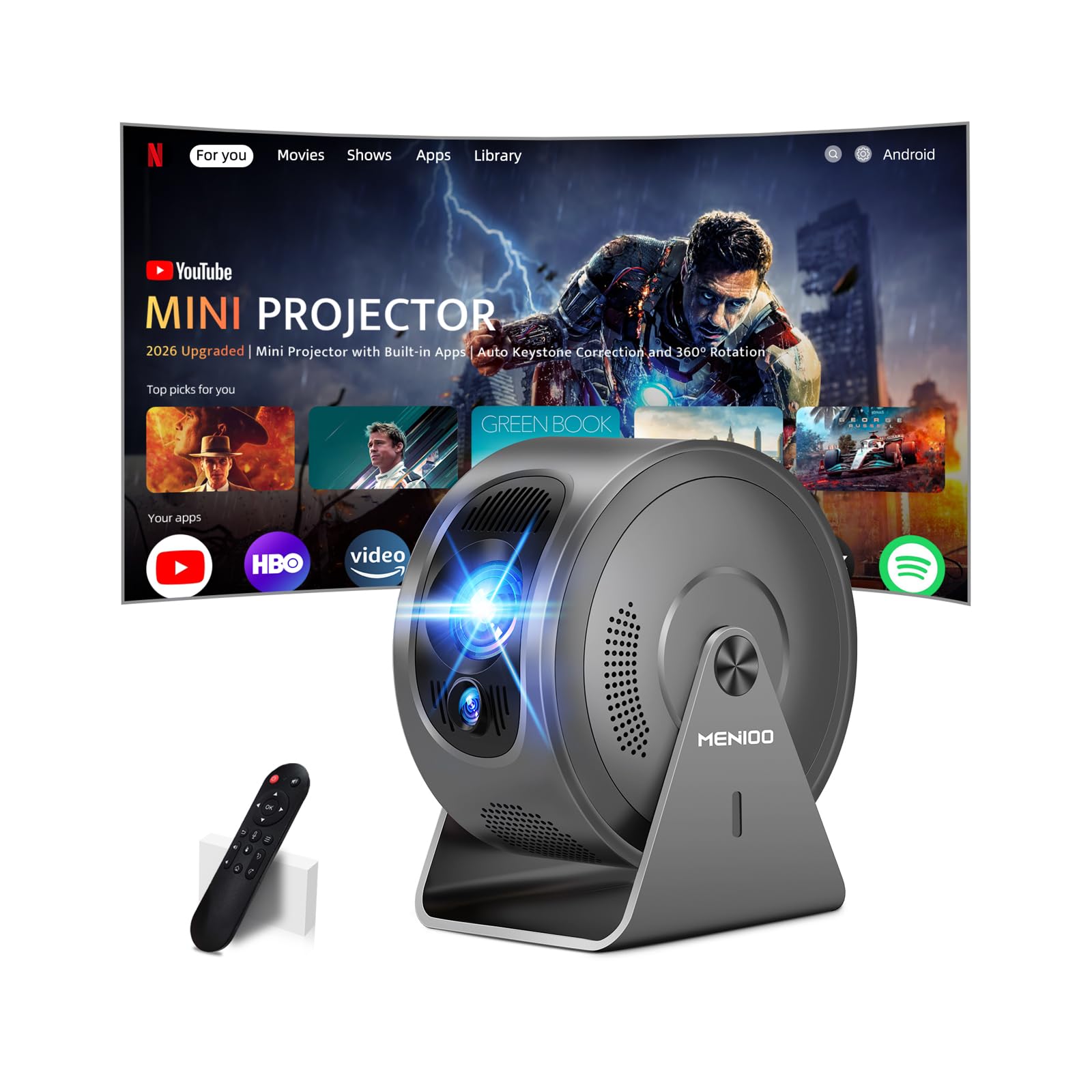 [Built-in Apps & Auto Focus] Mini Projector Support 4K 1080P 2026 Upgraded Portable Projector Auto Keystone and 360° Rotatable with WiFi 6 Bluetooth 5.4 Compatible with HDMI/TV Stick/USB/Laptop-Grey