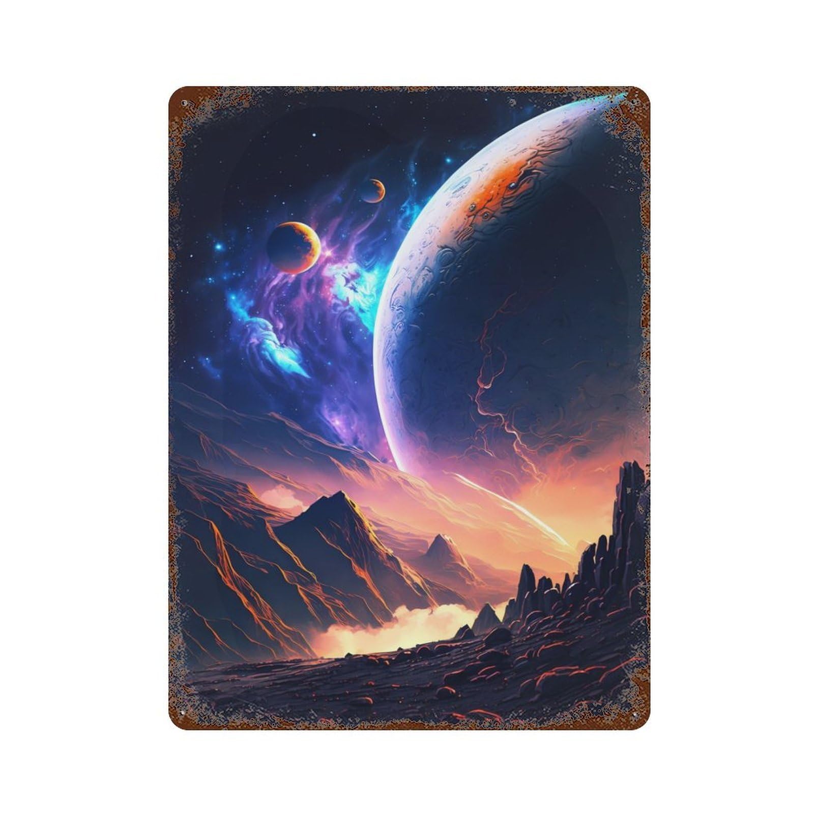 Galactic Twilight Planet 15.7"x11.8" Rust Effect Tin Sign, Industrial Home Decor for Living Room, Hallway And Home Decor