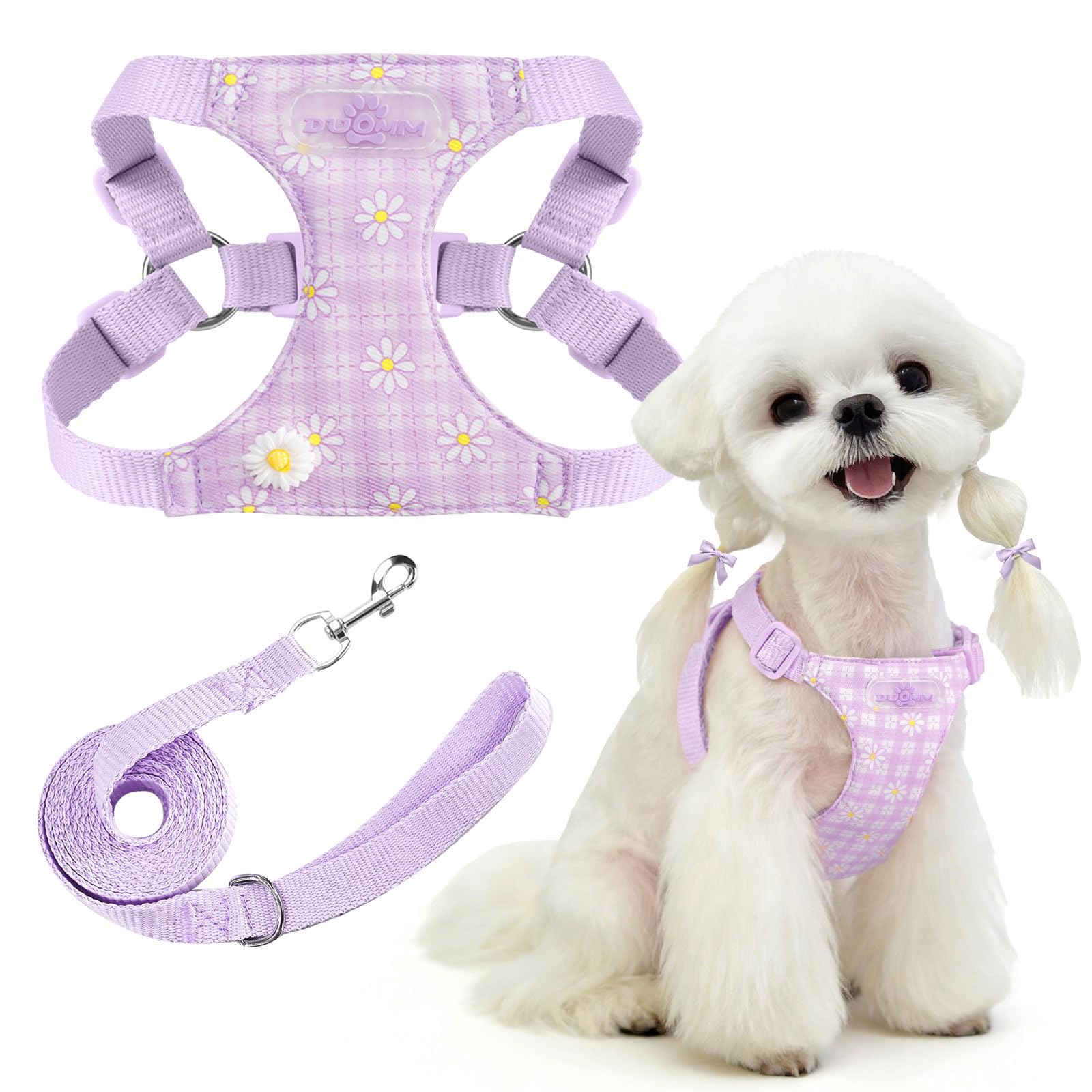 PETCARE Cute Small Dog Harness and Leash Set Purple Floral Daisy Puppy Harness Vest Adjustable Step in Spring Summer Soft Mesh Flower Girl Dog Harnesses for Chihuahua Yorkie Pomeranian Shih Tzu, M