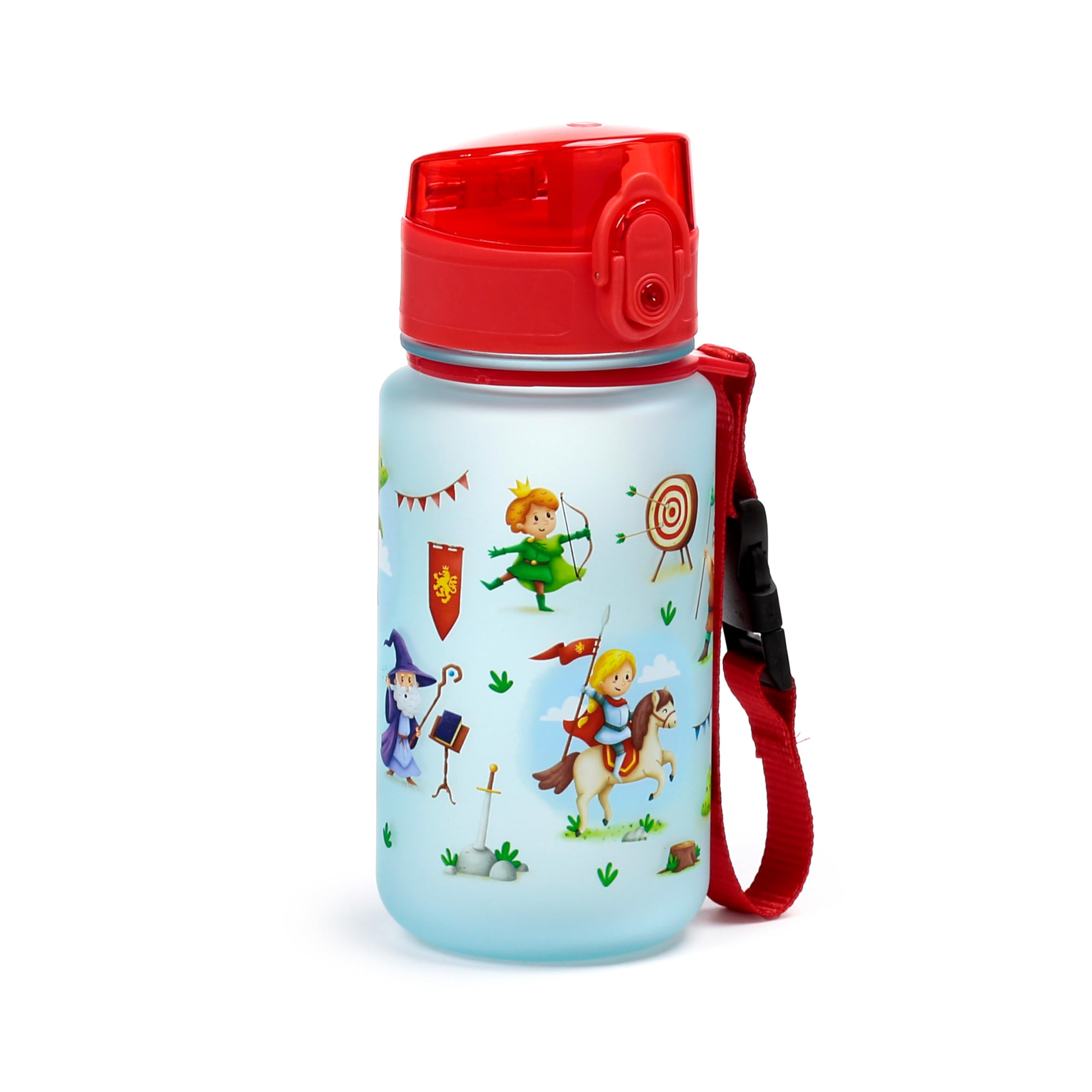 Puckator Knights & Dragons Pop Top 350ml Shatterproof Bottle - Reusable Insulated Active Water Bottle Flask For Girls And Boys With A Carry Handle & Straw - Bpa Free - For School Nursery