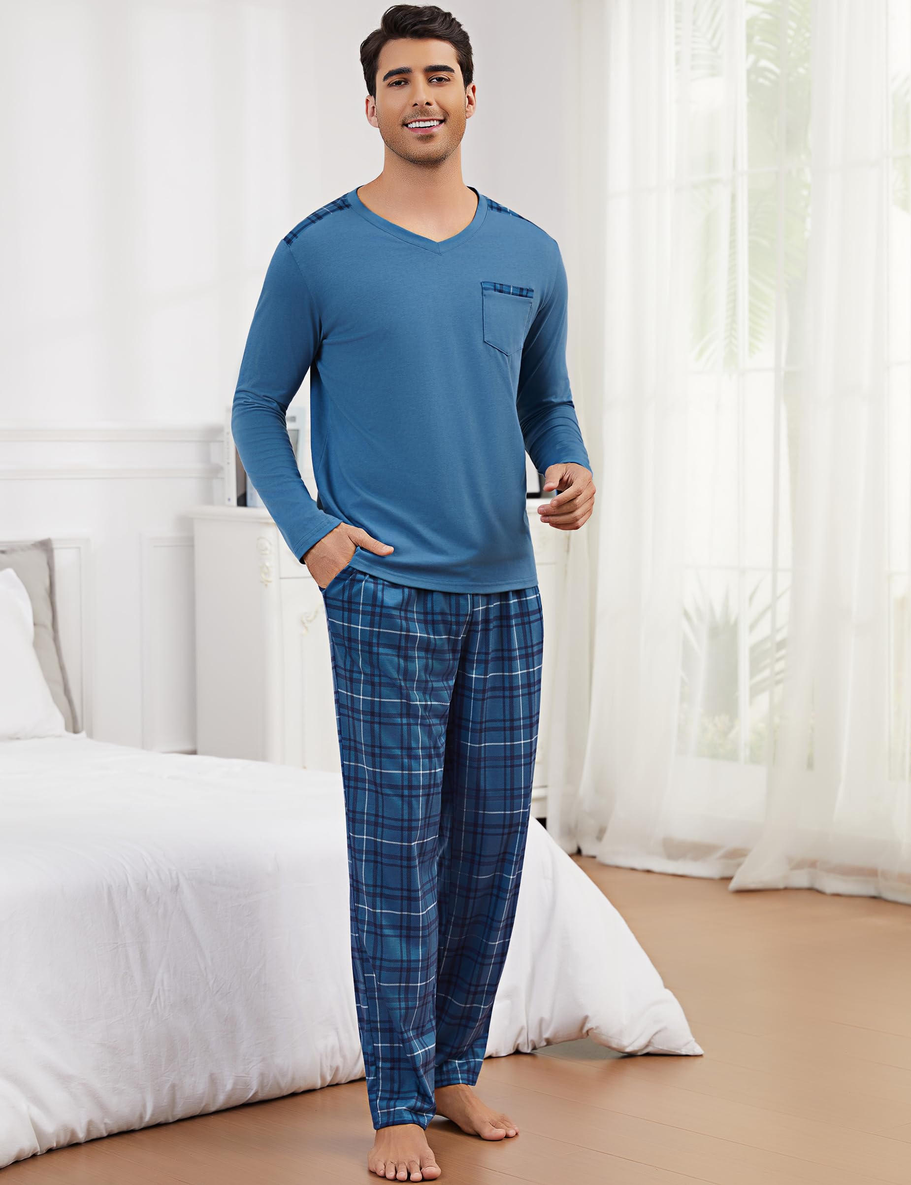Litherday Pigiama Uomo Invernale Cotone Lungo Pigiami Due Pezzi da Uomo Manica Lunghe e Pantaloni con Tasche Morbido Loungewear