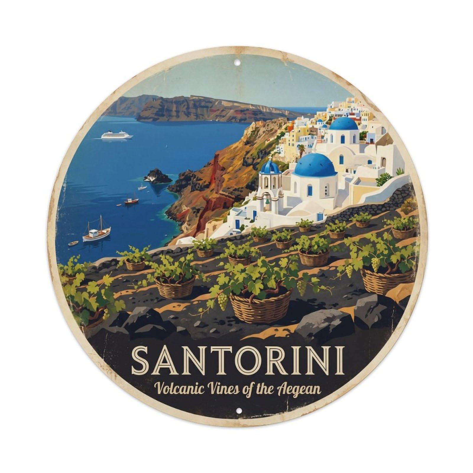 Vintage Travel Santorini Vineyards Greece Metal Tin Sign Plaque Wall Decor for Cafe, Club Bar, Office, Home Garden Round Metal Poster 8x8Inch