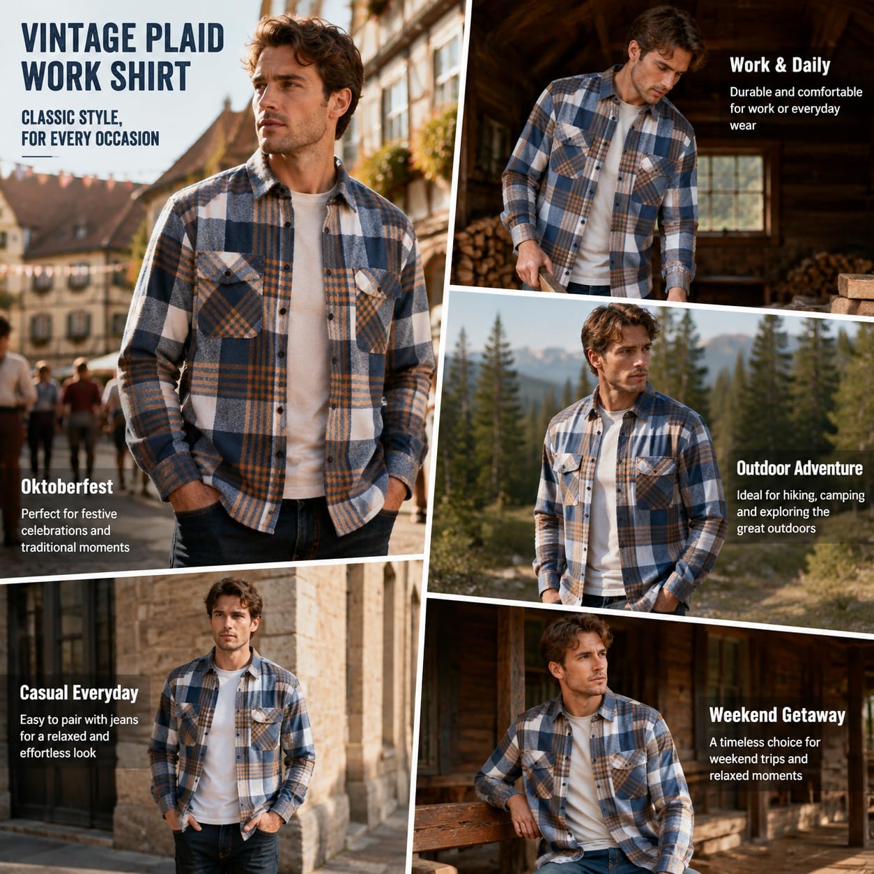 Chemise À Carreaux En Coton Pour Homme, Style Décontracté, Boutonnée, Avec Poche Poitrine, Coupe Ajustée, Manches Longues, Idéale Pour Le Travail, L'Extérieur, L'Oktoberfest Et Le Quotidien.