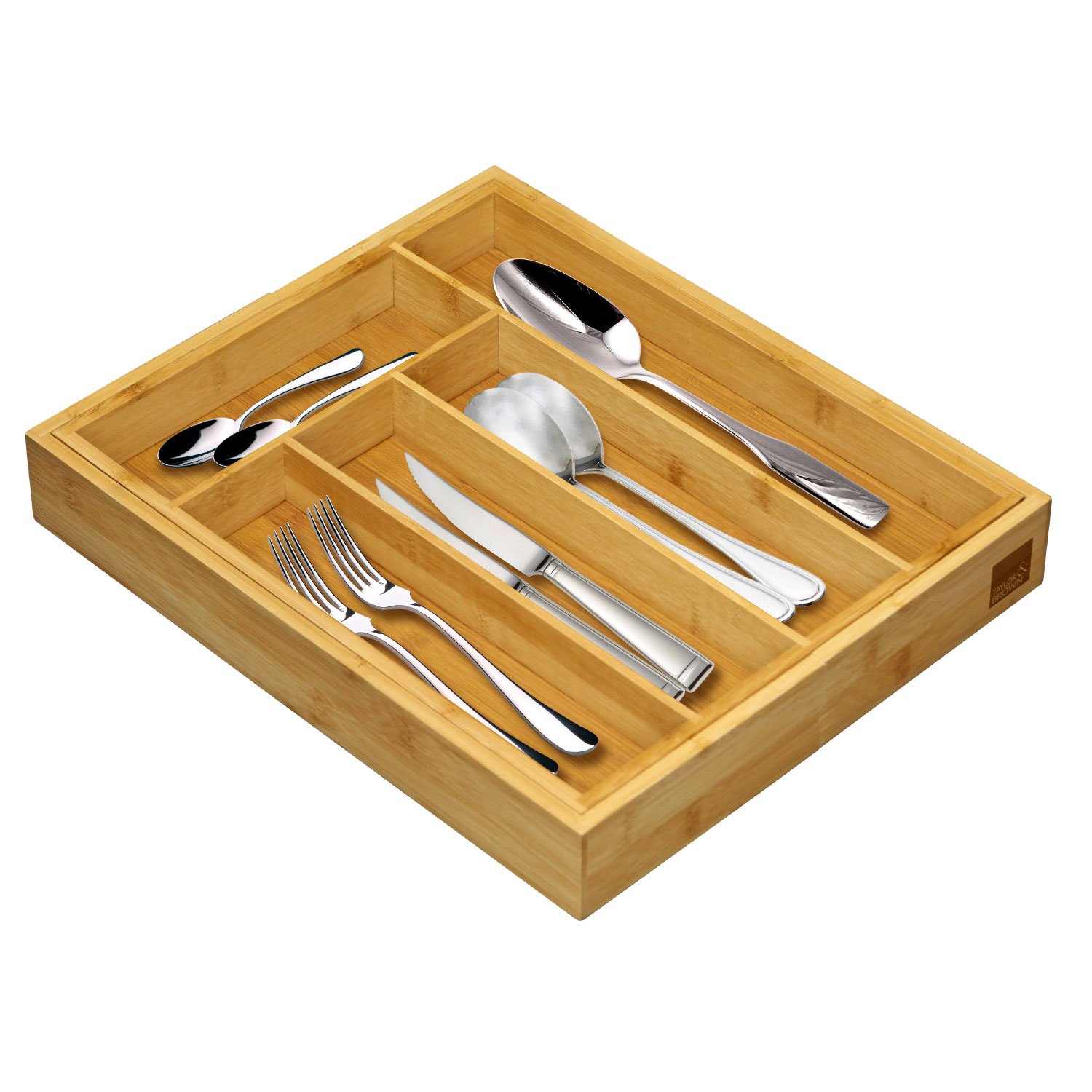 Taylor & Braun® Verstellbarer, ausziehbarer Bambus-Besteckkasten mit 5 bis 7 Fächern, Größe: 5 x 48,5 x 37 cm, natürliches Braun, Schubladeneinsatz