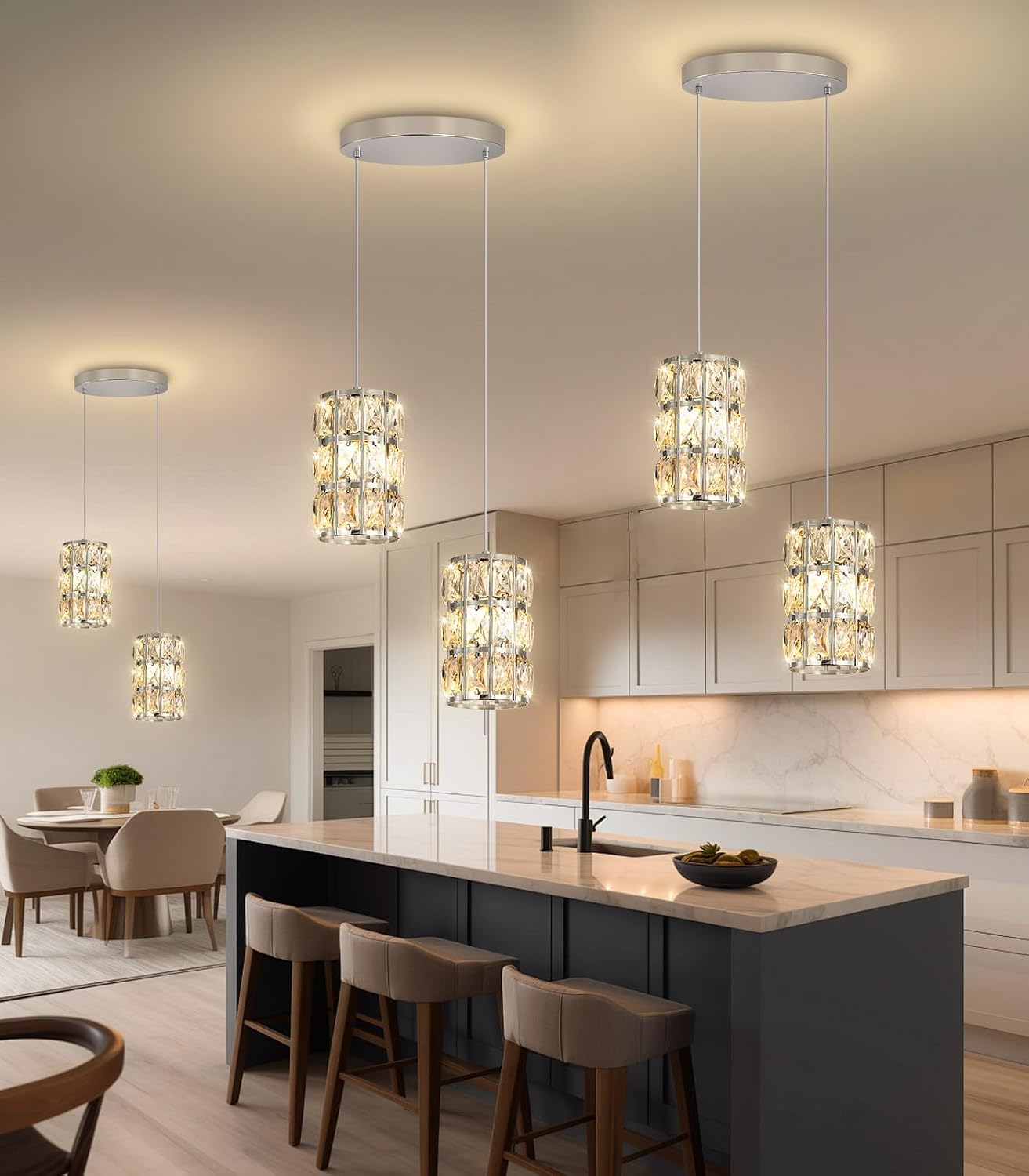 2-Lights Modern Crystal Pendant Lights for Kitchen Island LED Dimmable Glam Pendant Lighting Chandelier for Dining Room Hallway Corner Lamp Nickel