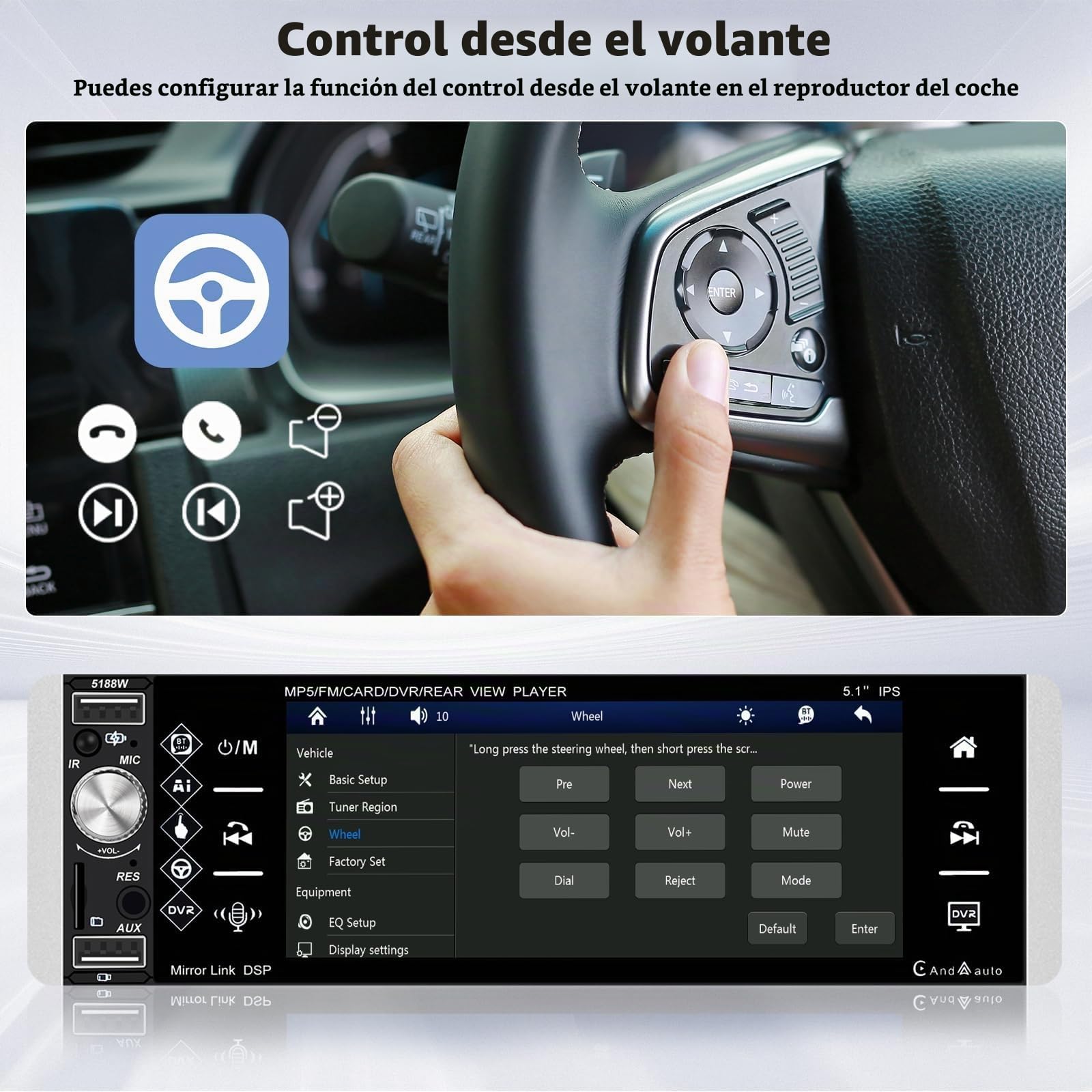 Inefala Pantalla Radio Coche 1 DIN con Carplay inalámbrico y Android Auto, Pantalla de 5,1 Pulgadas con Bluetooth, Mirror Link, Compatible con FM RDS, EQ, USB/AUX/TF, cámara de visión Trasera