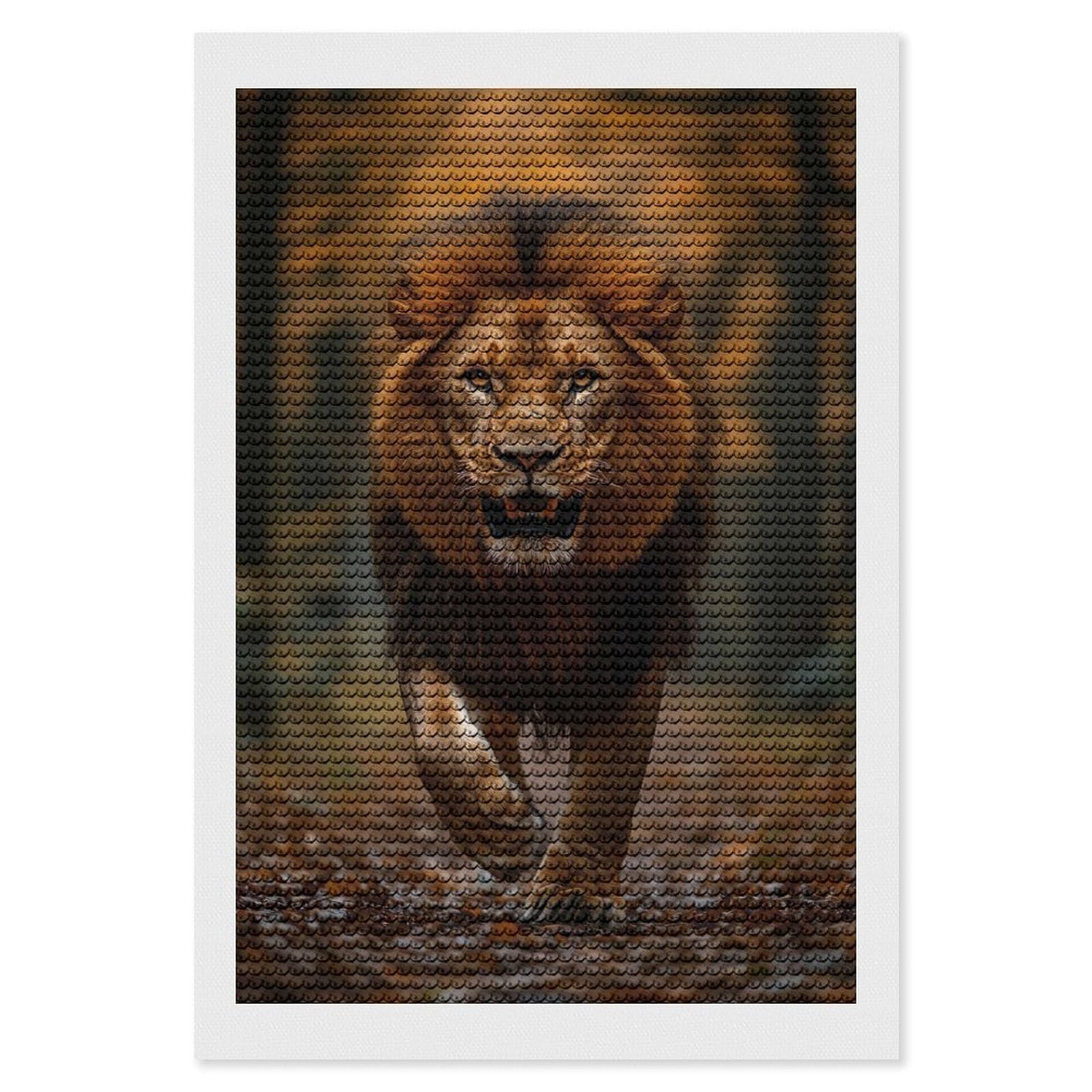Junmoney Majestic Lion Walking Through Autumn Forest Diamond Art Canvas 8"x12", for Family Craft Time, Creative Leisure Activity, Living Room Decor, Festive Craft Gift