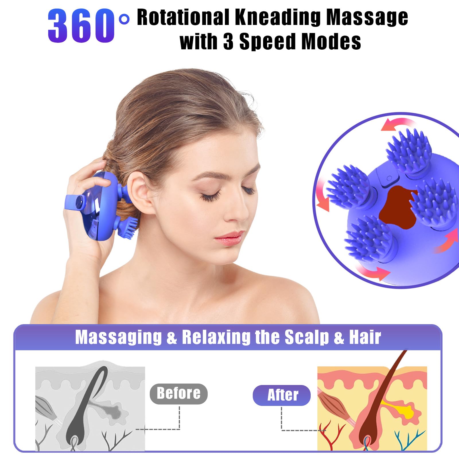 Scalp Massager Electric, Portable Scalp Massager Tool, Waterproof Head Massage Stress Relax, Hair Massagers with 3 Speed Modes & 8 Massage Claws