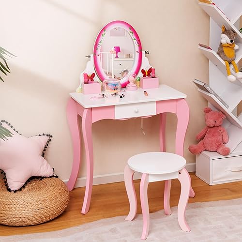 Miniatura 10 de HONEY JOY Vanity - Juego de tocador de maquillaje de princesa con temática de fresa para niñas pequeñas, espejo ovalado real, juego de tocador y