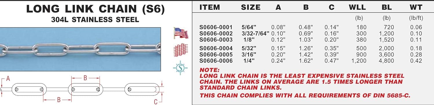 304L Stainless Steel Long Link Chain 1/4 S6 (S0606-0006)
