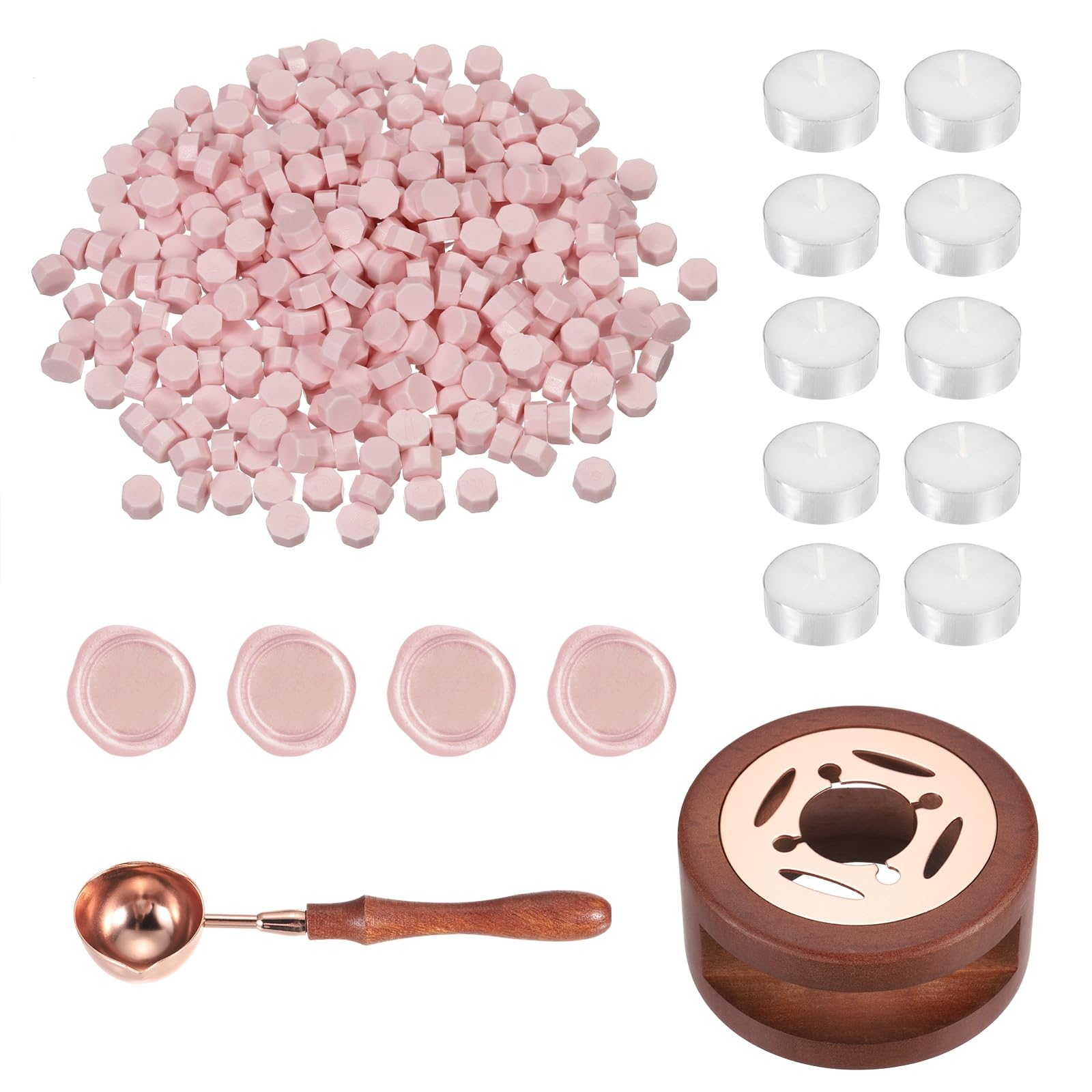 PATIKIL Wax Seal Kit, 300 Pcs Wax Sealing Beads, Wooden Warmer, Melted Spoon, 10 Pcs Tealight Candles for Envelope Letter Mailing Crafts DIY, Smoke Pink