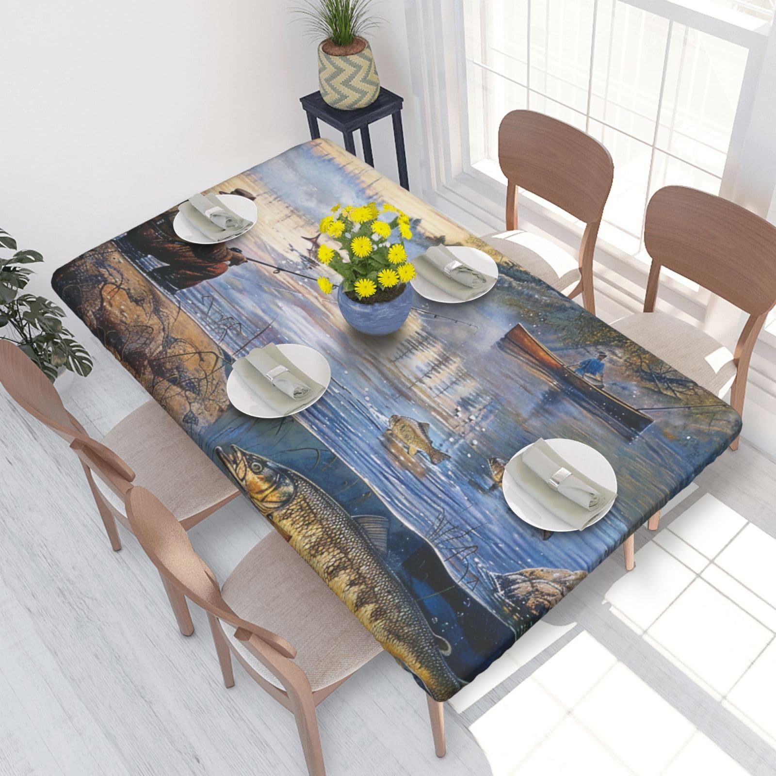 DCARSETCV Fishing Lake Fishermen Printed 4FT Waterproof Tablecloth with Elastic Edged Protect & Decor Your Table, Oil-proof Washable Table Cloth Cover for Dinner Picnic Party