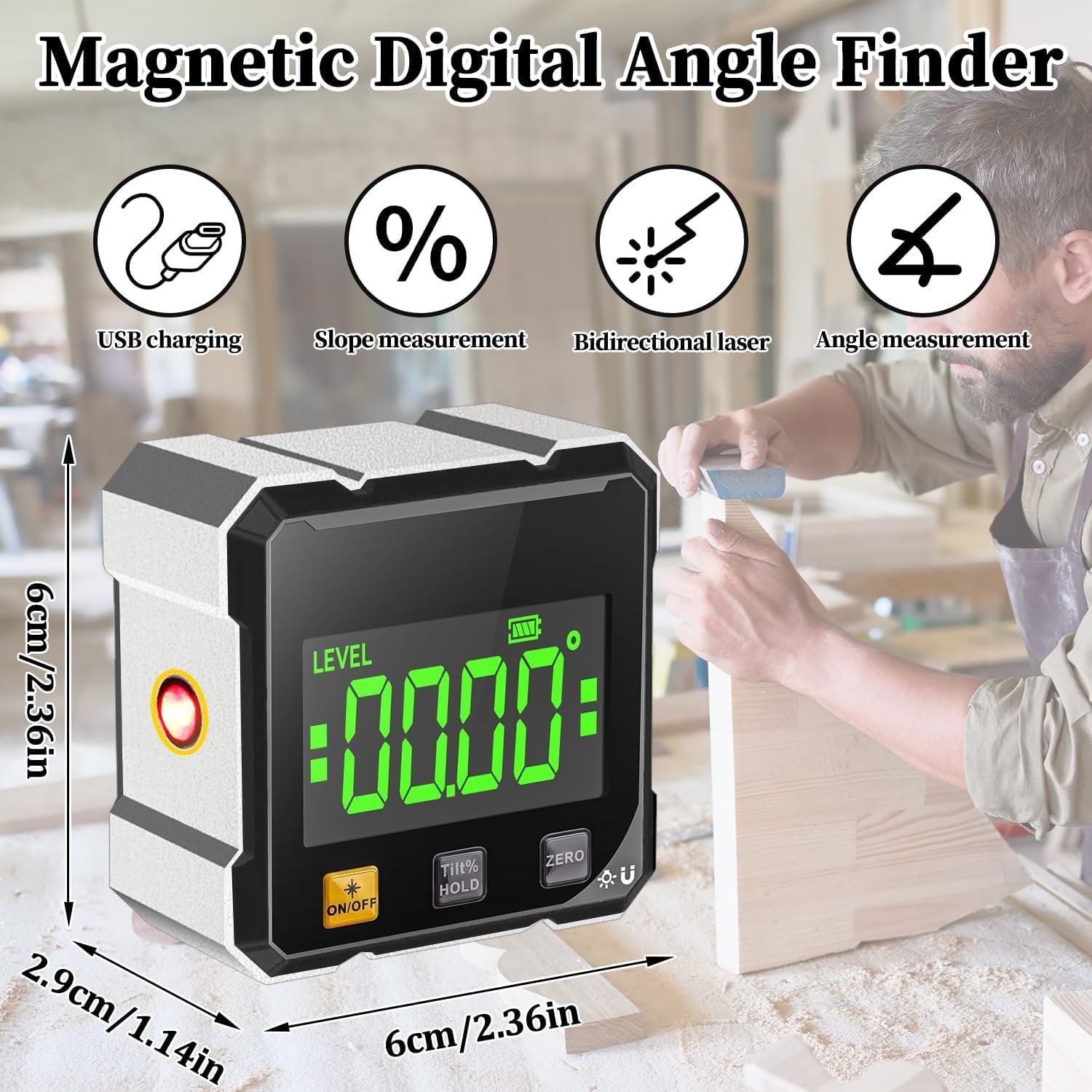 Goniometro digitale con laser, livella a bolla magnetica digitale a 4 lati, con laser elettronico, impermeabile, per lavori in legno.