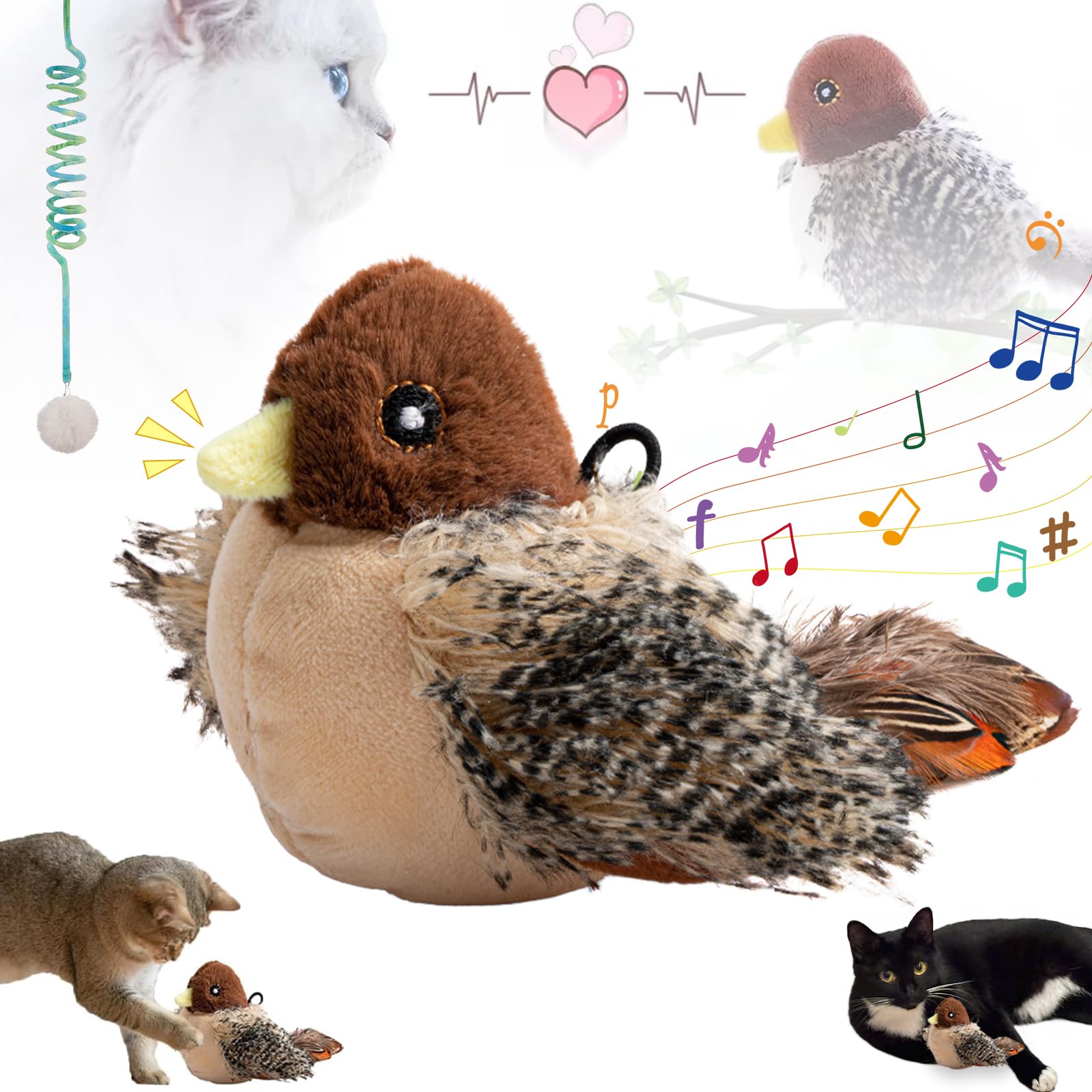 Juguete para Gatos con pájaro Que Canta simulado, Juguete para Gatos con pájaro Que aletea, pájaro Interactivo con aleteo de Aiveys, pájaro de Juguete para Gatos (A)