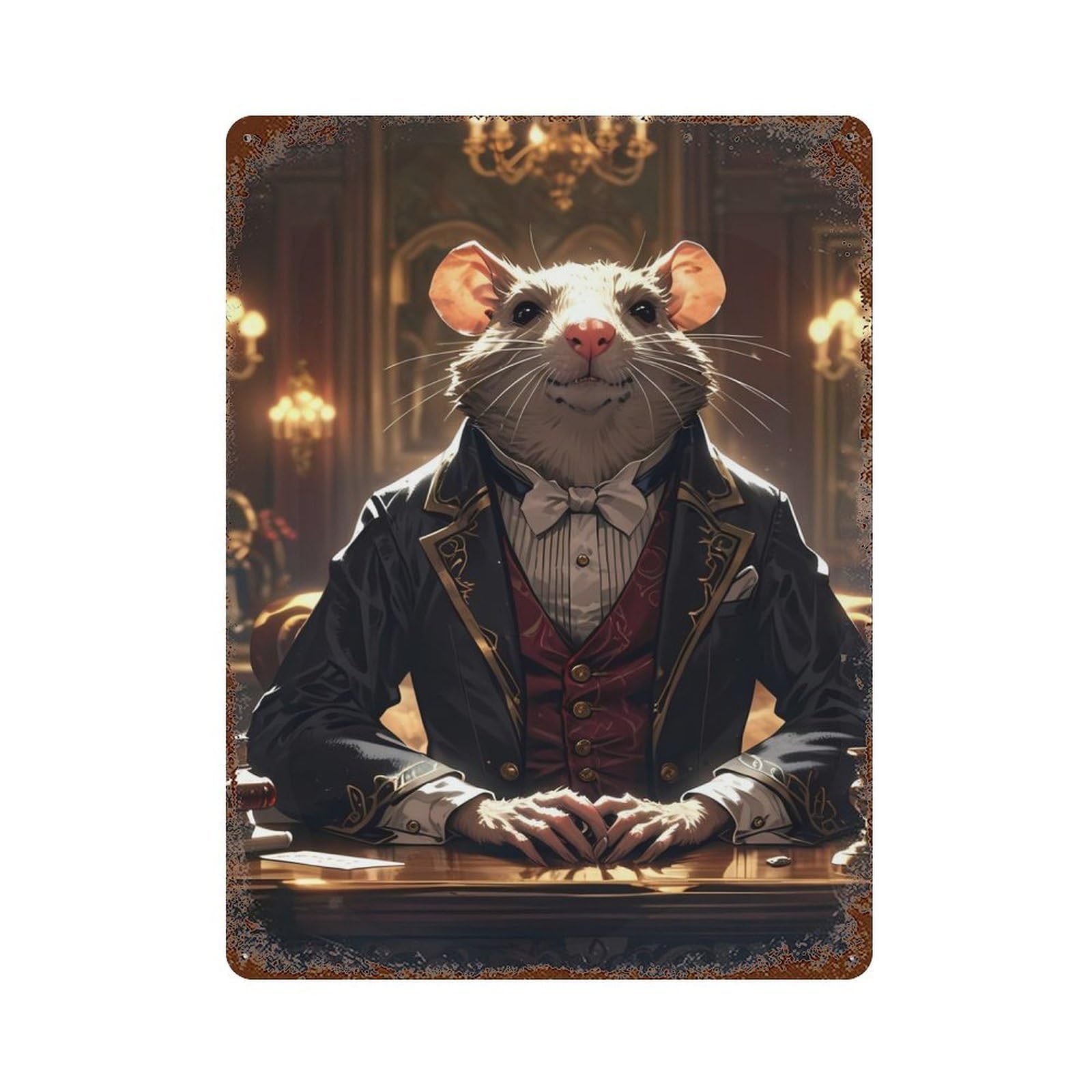 Rat in Suit Aged Metal Wall Plaque 15.7"x11.8", Farmhouse Wall Decor for Office, Studio And Wall Decor