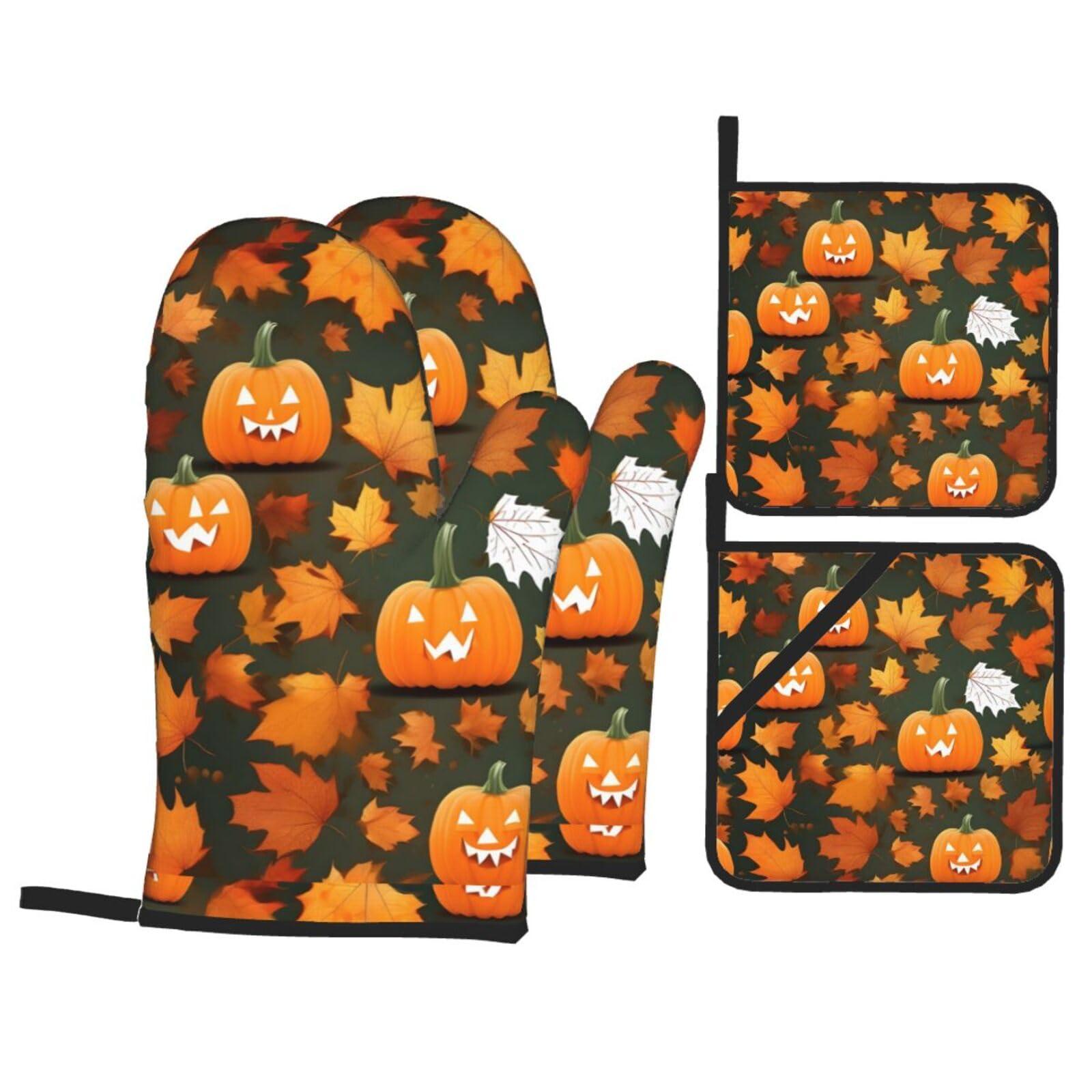 Happy Thanksgiving Day Pumpkin Print Kitchen Oven Mitts And Pot Holders Set,Hanging Loop Design For Cooking Baking Bbq