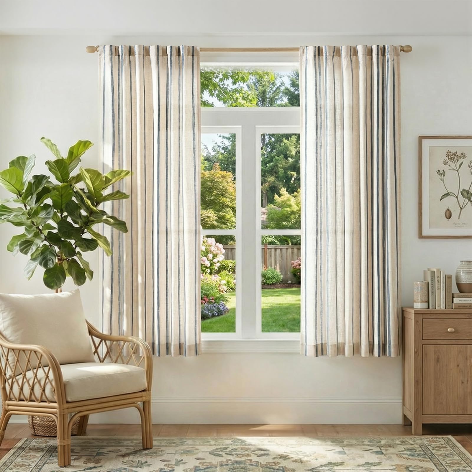 Photo 1 of jinchan Linen Curtains for Living Room Striped Curtains Blue on Beige Thick Textured Light Filtering Drapes Bedroom Dining Room Coastal Rustic Farmhouse Cottage Core Style 2 Panels 63 Inches Back Tab